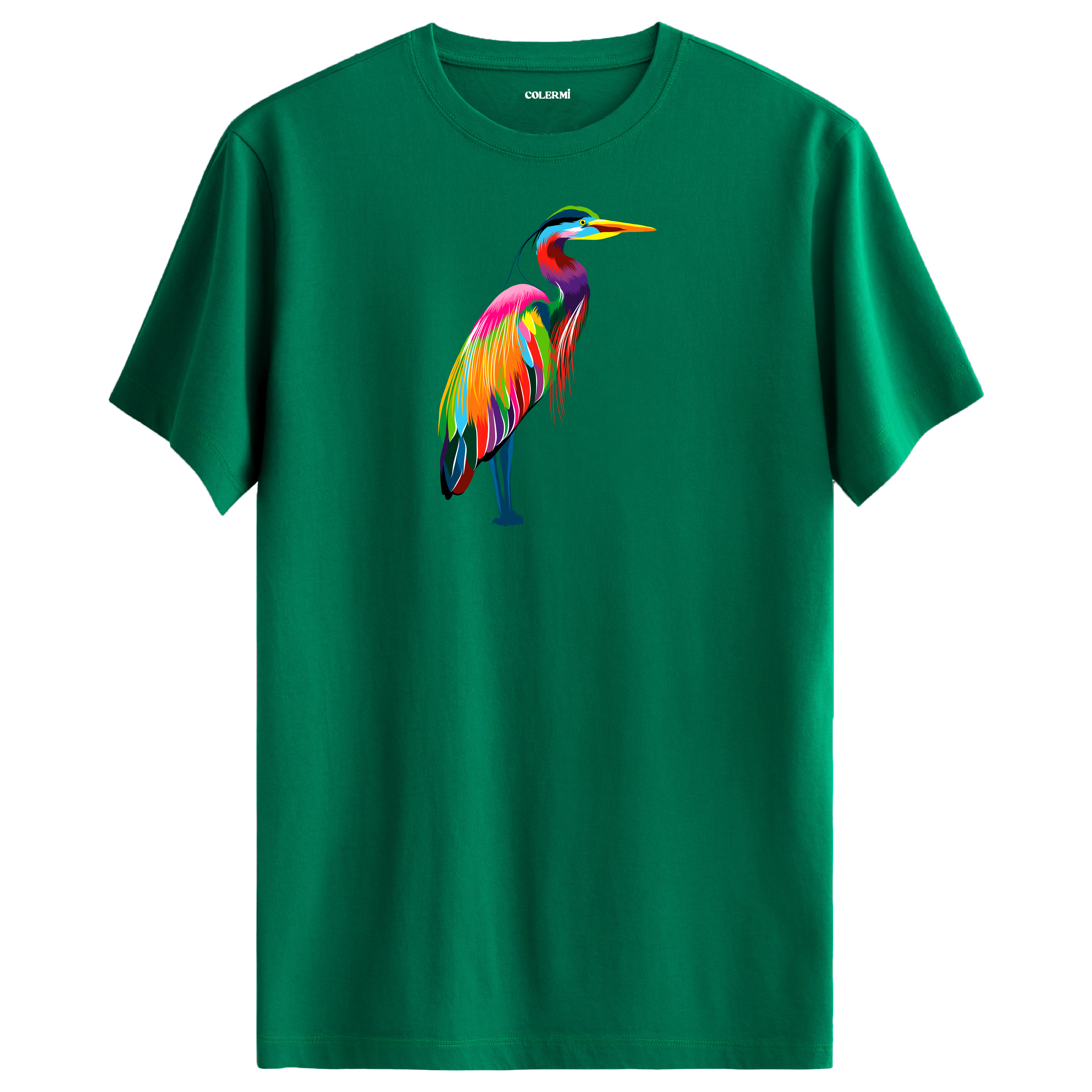 Yeşil tişört üzerinde renkli balıkçıl kuşu tasarımı