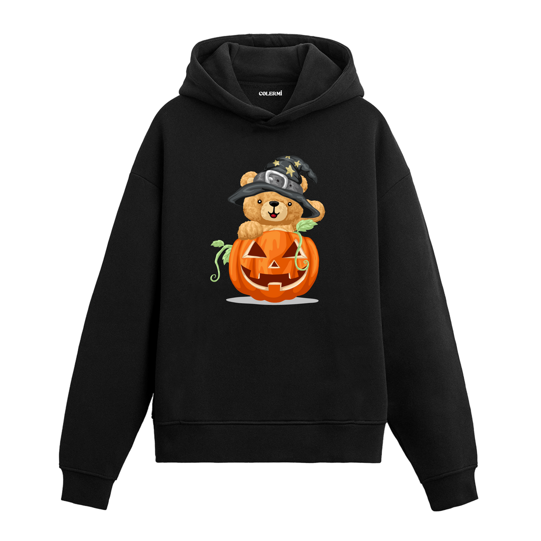 Cadı şapkası takmış, balkabağının içinden çıkan sevimli ayıcık baskılı hoodie tasarımı.