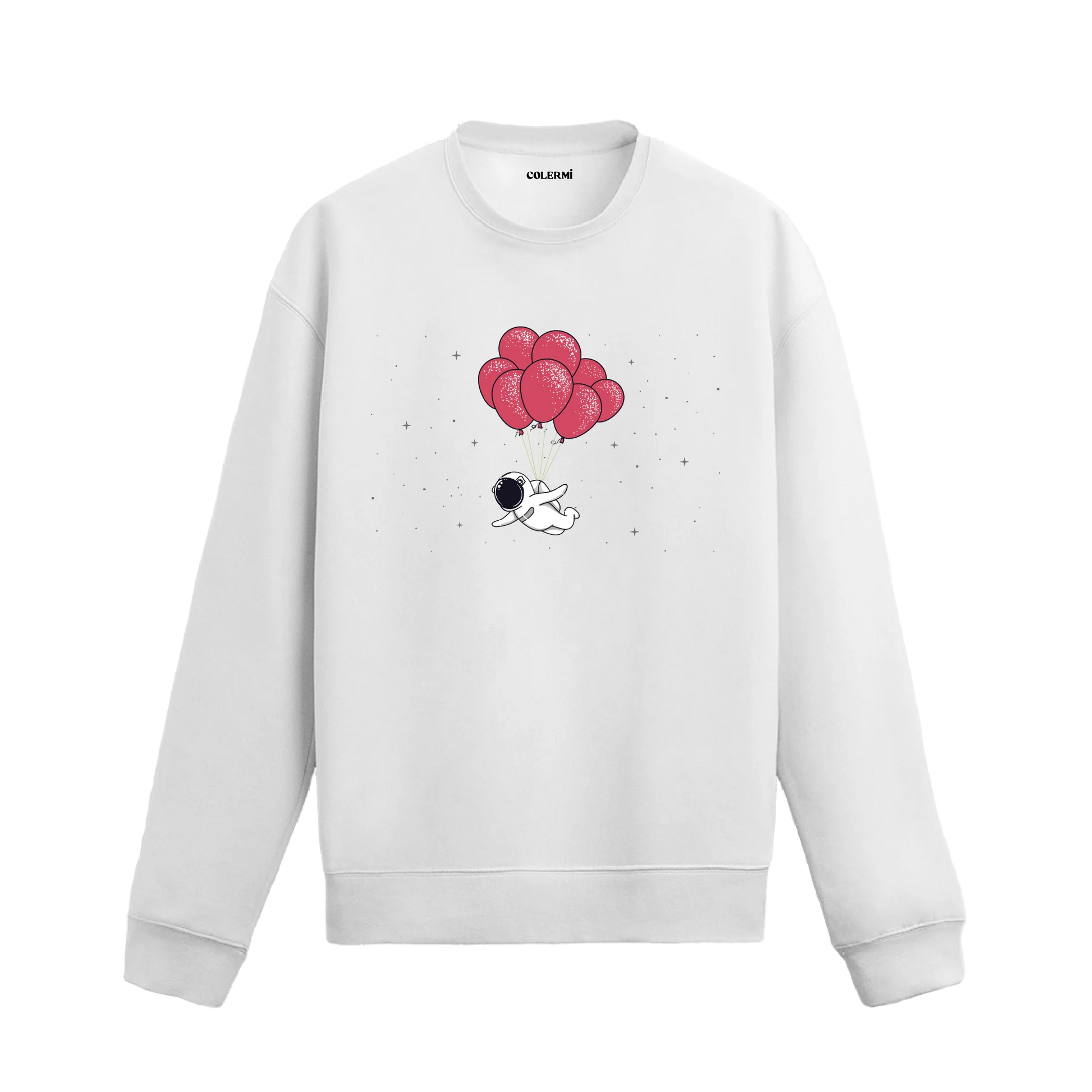 Uzayda balonlarla uçan astronot figürlü Colermi sweatshirt tasarımı