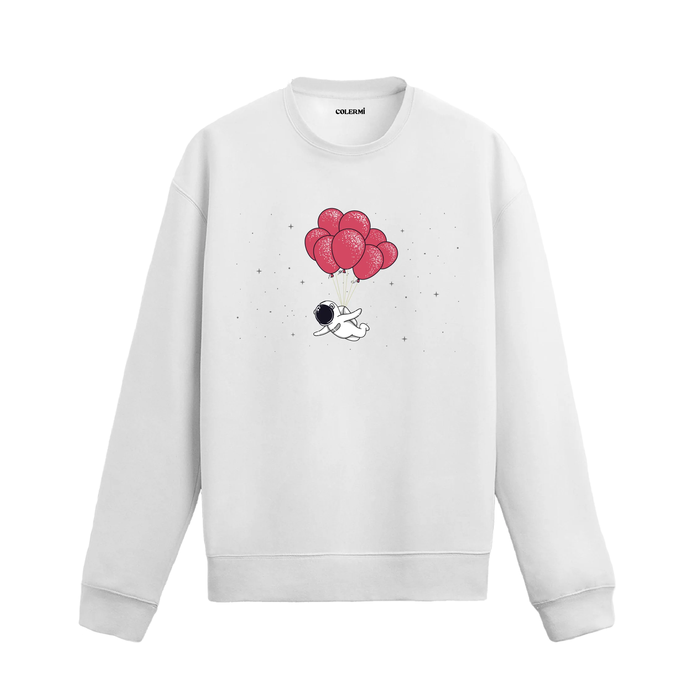 Uzayda balonlarla uçan astronot figürlü Colermi sweatshirt tasarımı