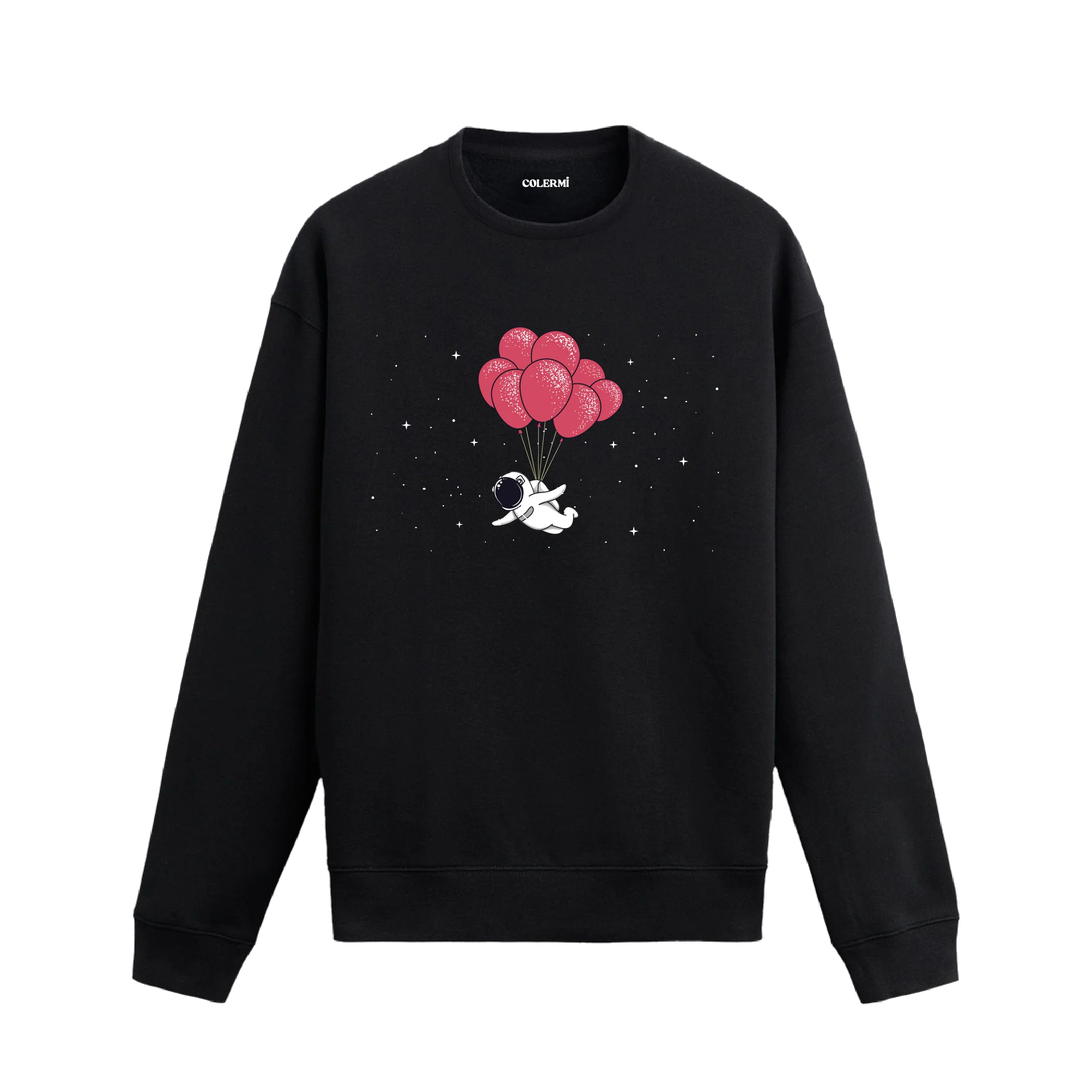Uzayda balonlarla uçan astronot figürlü Colermi sweatshirt tasarımı