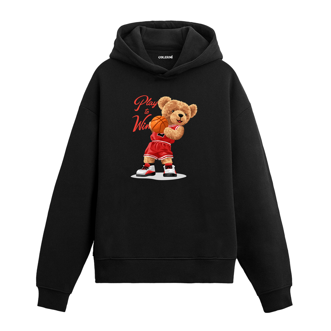 Basketbol topu tutan, kırmızı forma giymiş ayıcık figürlü hoodie tasarımı.