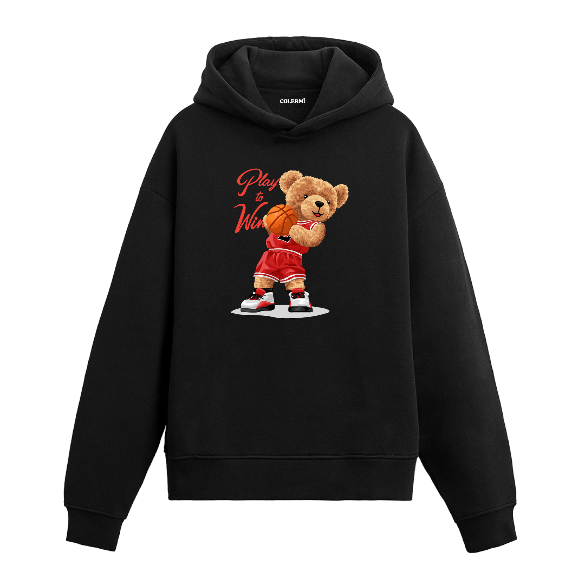 Basketbol topu tutan, kırmızı forma giymiş ayıcık figürlü hoodie tasarımı.