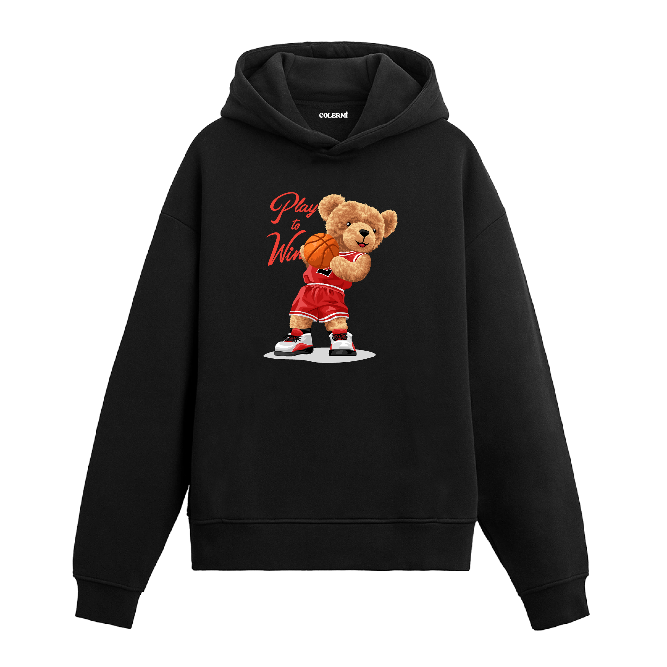 Basketbol topu tutan, kırmızı forma giymiş ayıcık figürlü hoodie tasarımı.