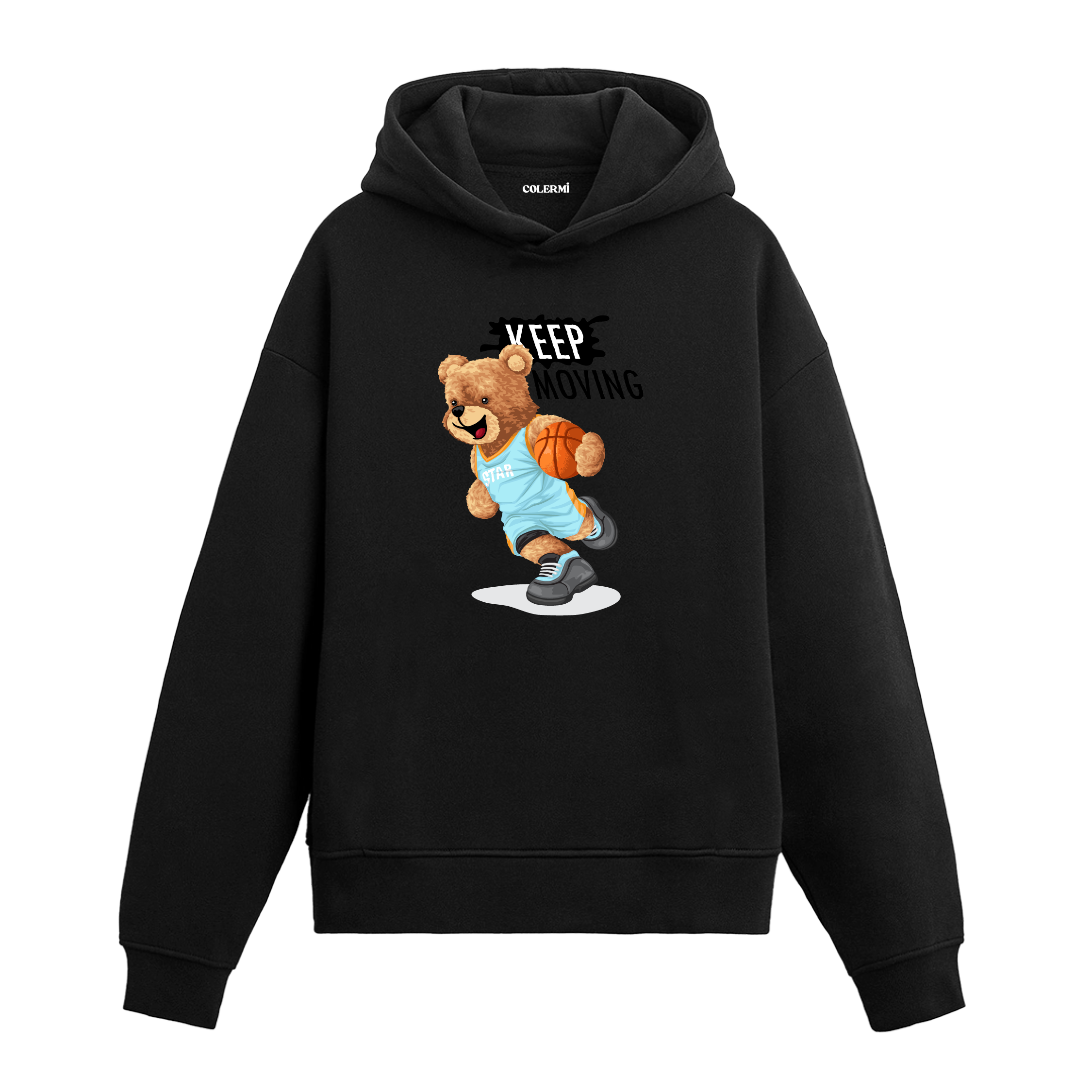 Basketbol topu süren, “Keep Moving” yazılı basketbolcu ayıcık baskılı hoodie tasarımı.