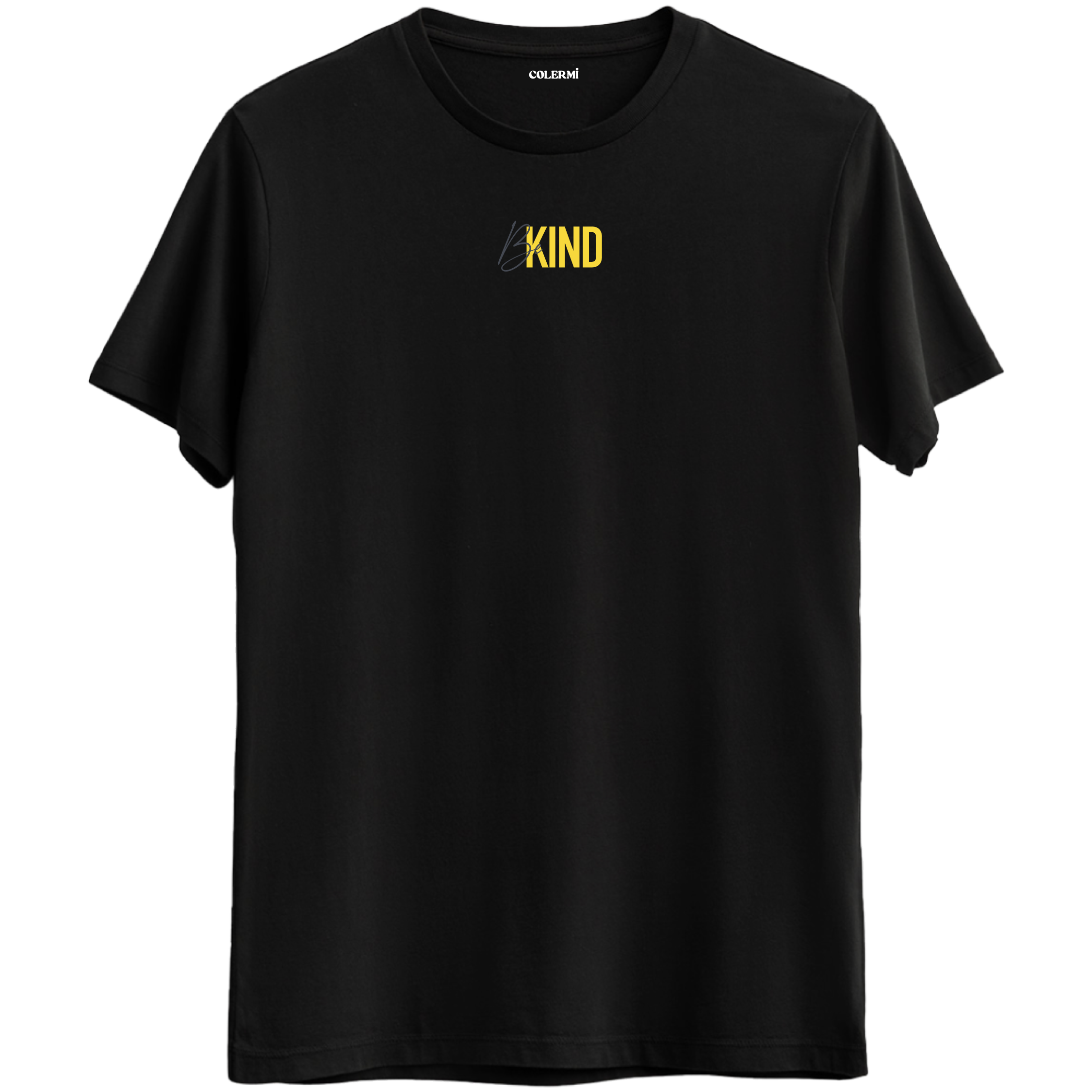 Be Kind yazı tasarımıyla nazik olmayı hatırlatan siyah Bisiklet Yaka T-Shirt.