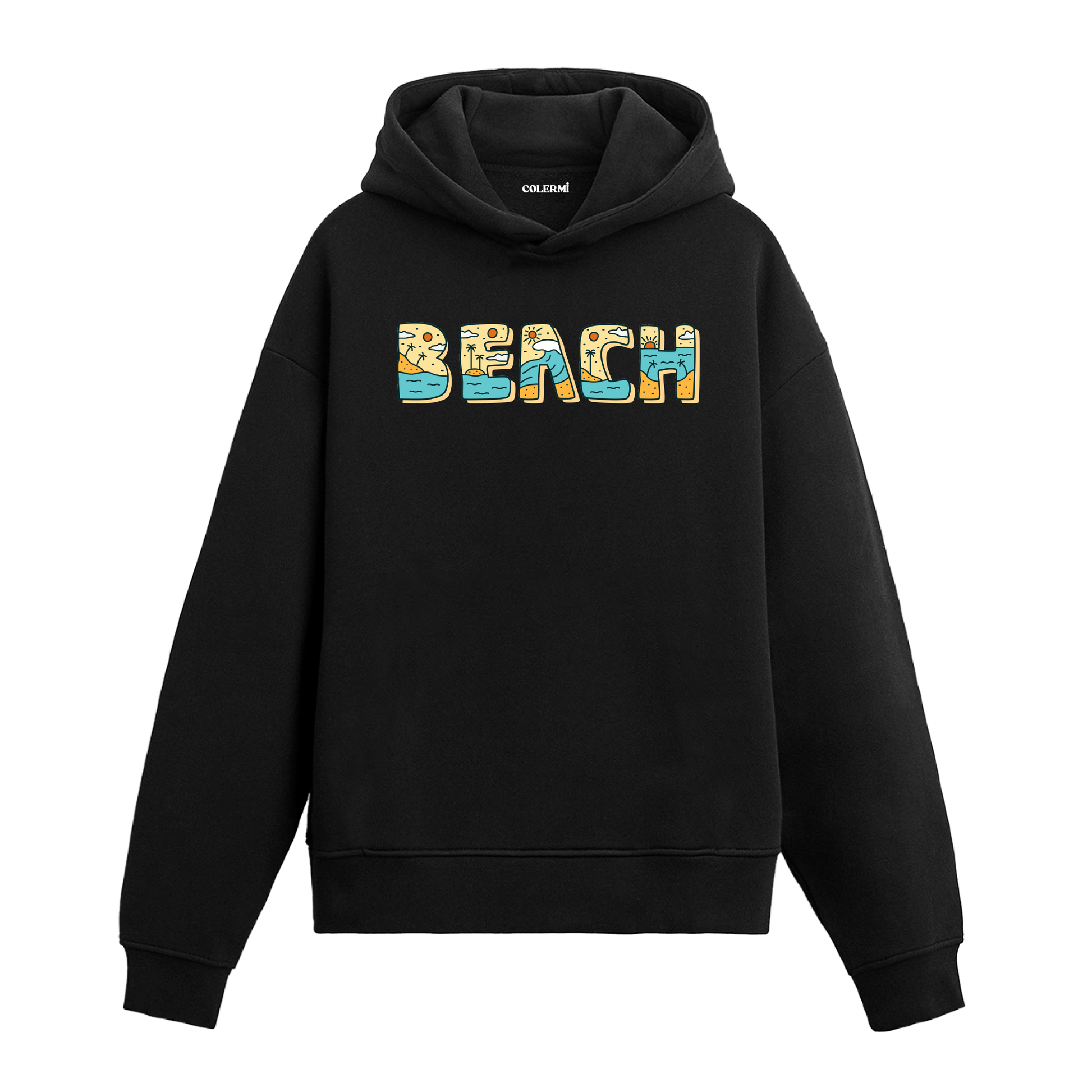Siyah hoodie üzerinde Beach yazılı deniz tasarımı