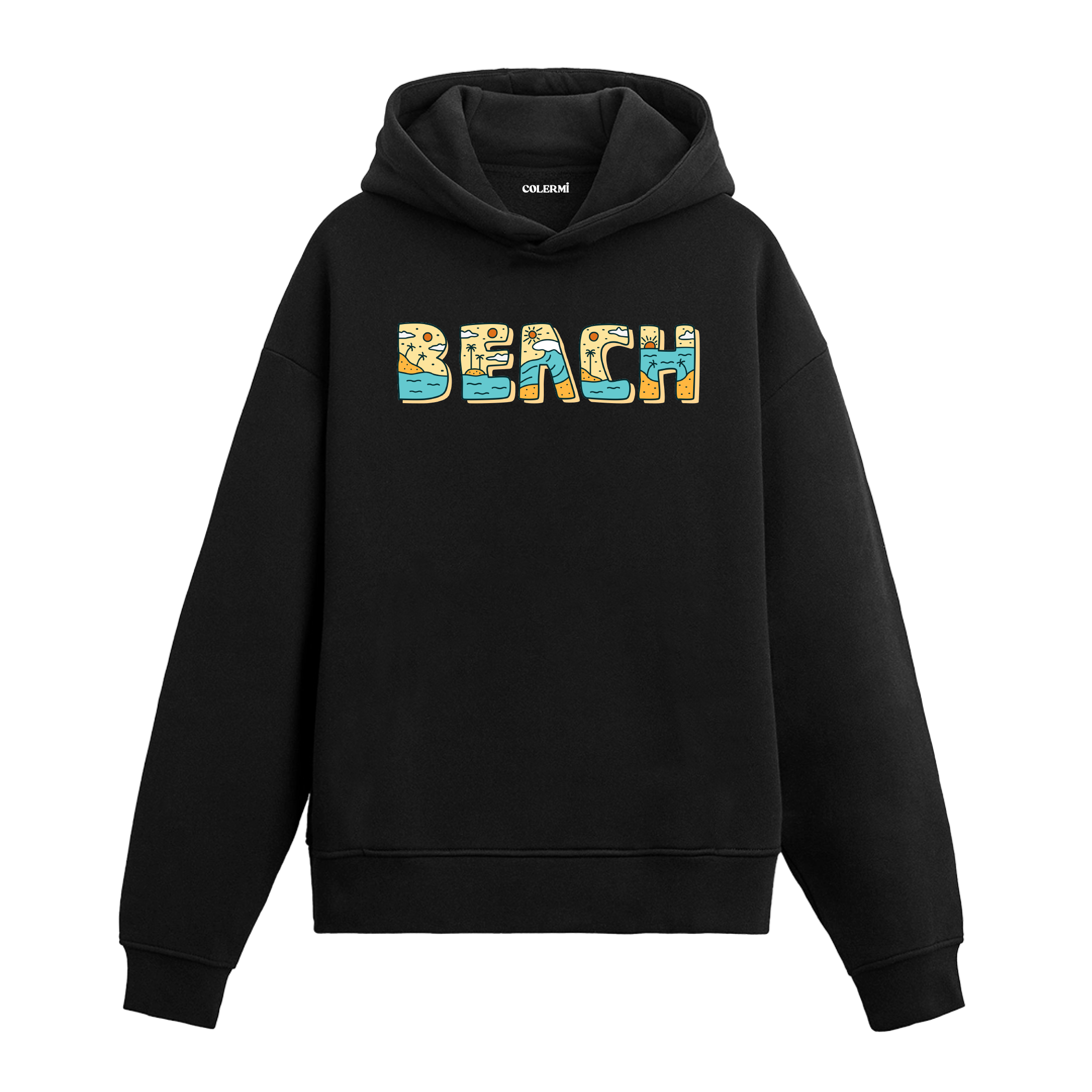 Siyah hoodie üzerinde Beach yazılı deniz tasarımı