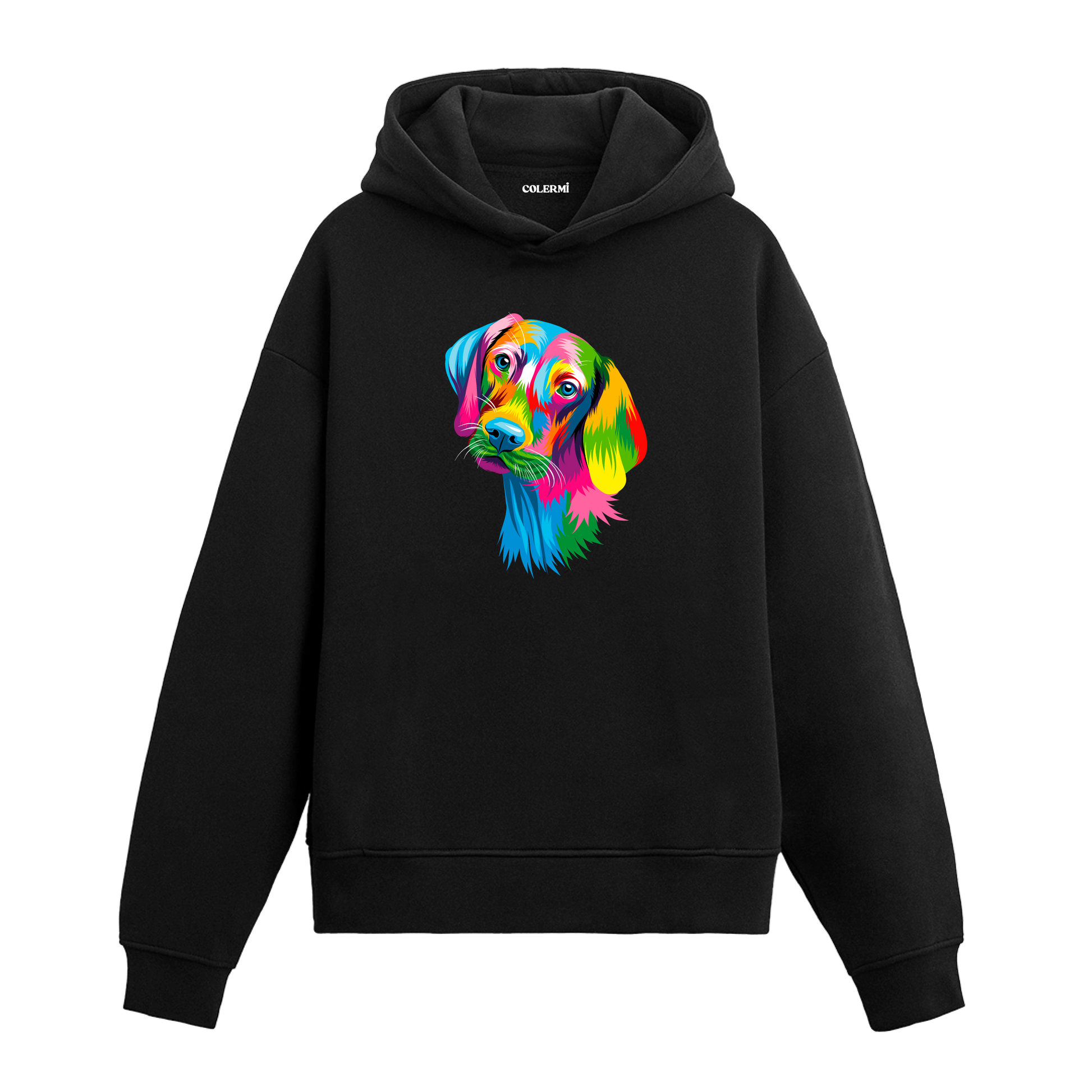 Renkli beagle köpek baskılı siyah hoodie