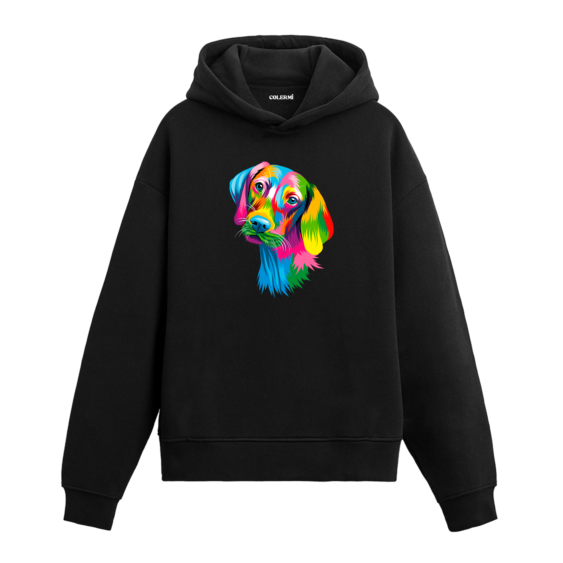 Renkli beagle köpek baskılı siyah hoodie