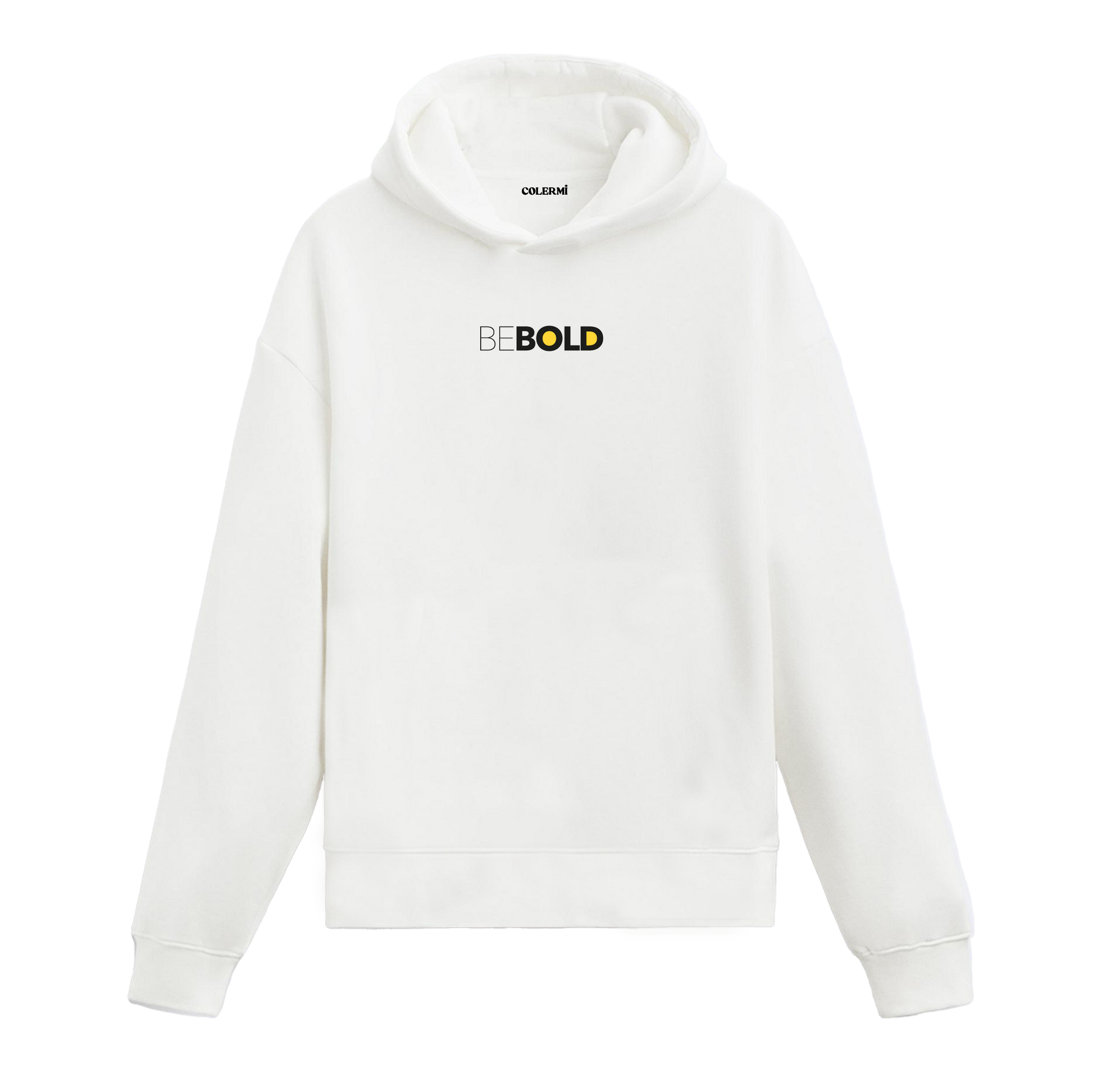 Beyaz hoodie üzerinde Be Bold yazılı tipografik baskı