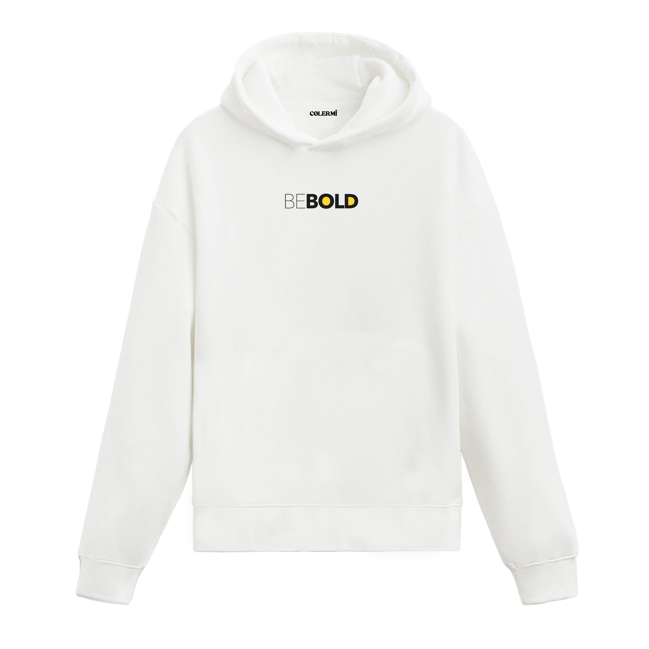 Beyaz hoodie üzerinde Be Bold yazılı tipografik baskı