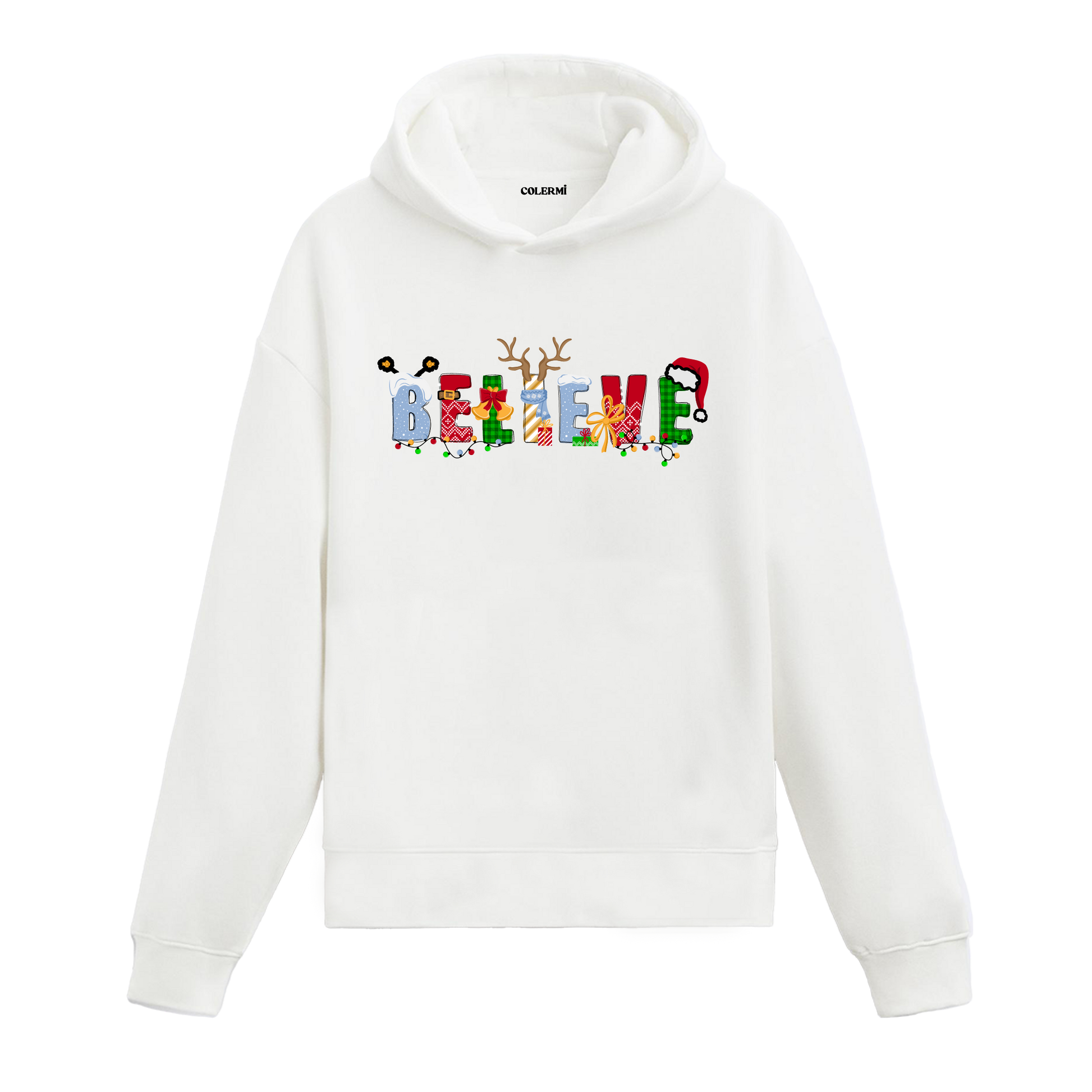 Beyaz hoodie, Noel temalı BELIEVE yazılı baskı kurdele ve şekerleme detaylı, pamuklu unisex hoodie