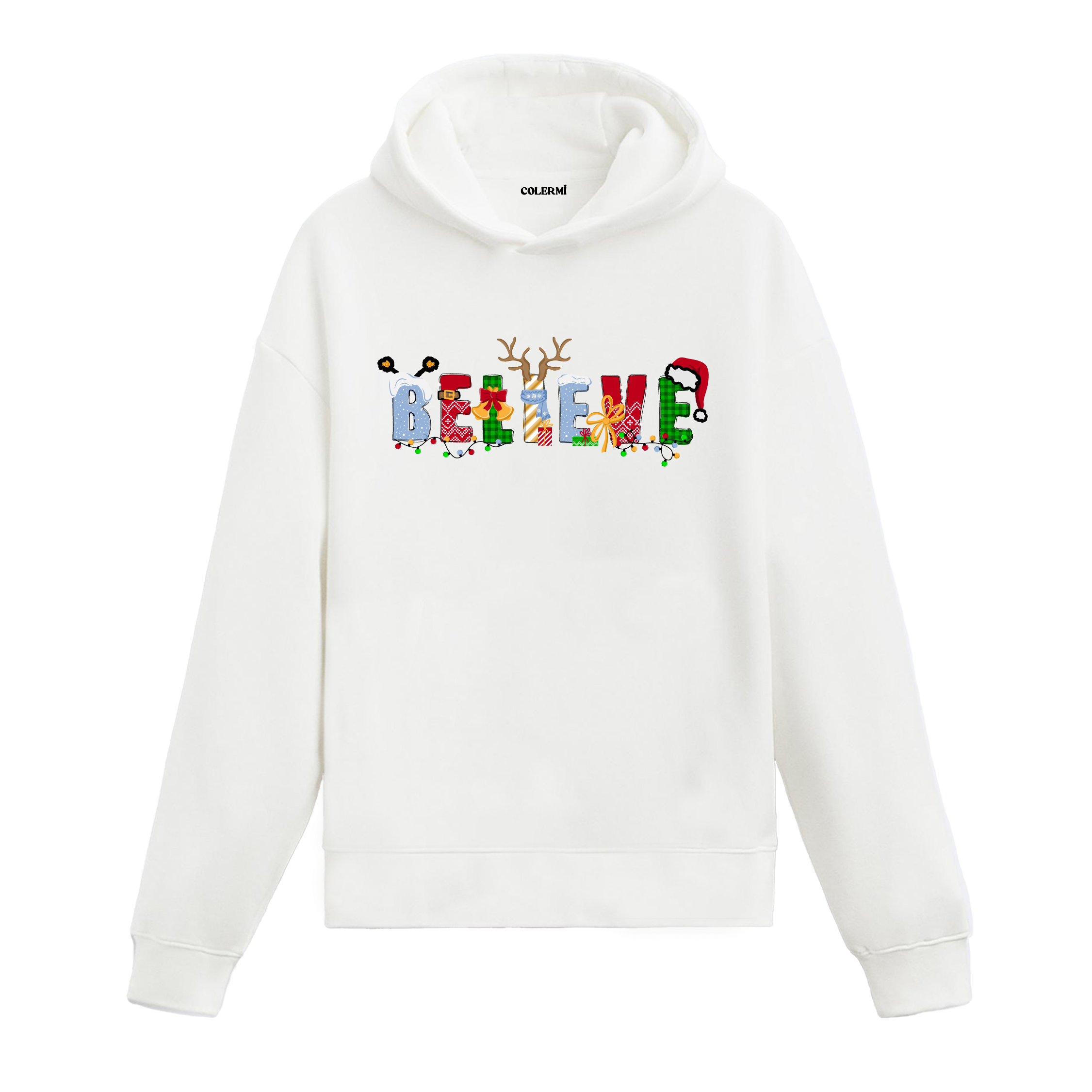 Beyaz hoodie, Noel temalı BELIEVE yazılı baskı kurdele ve şekerleme detaylı, pamuklu unisex hoodie