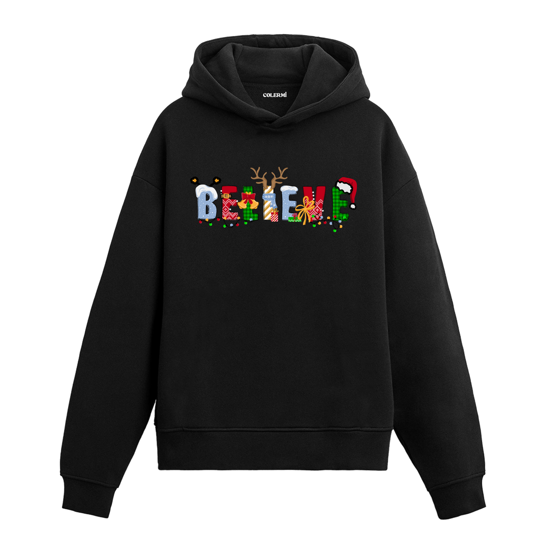 Siyah hoodie, Noel şapkalı ve geyik boynuzlu BELIEVE yazılı baskı, pamuklu unisex hoodie