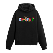Siyah hoodie, Noel şapkalı ve geyik boynuzlu BELIEVE yazılı baskı, pamuklu unisex hoodie