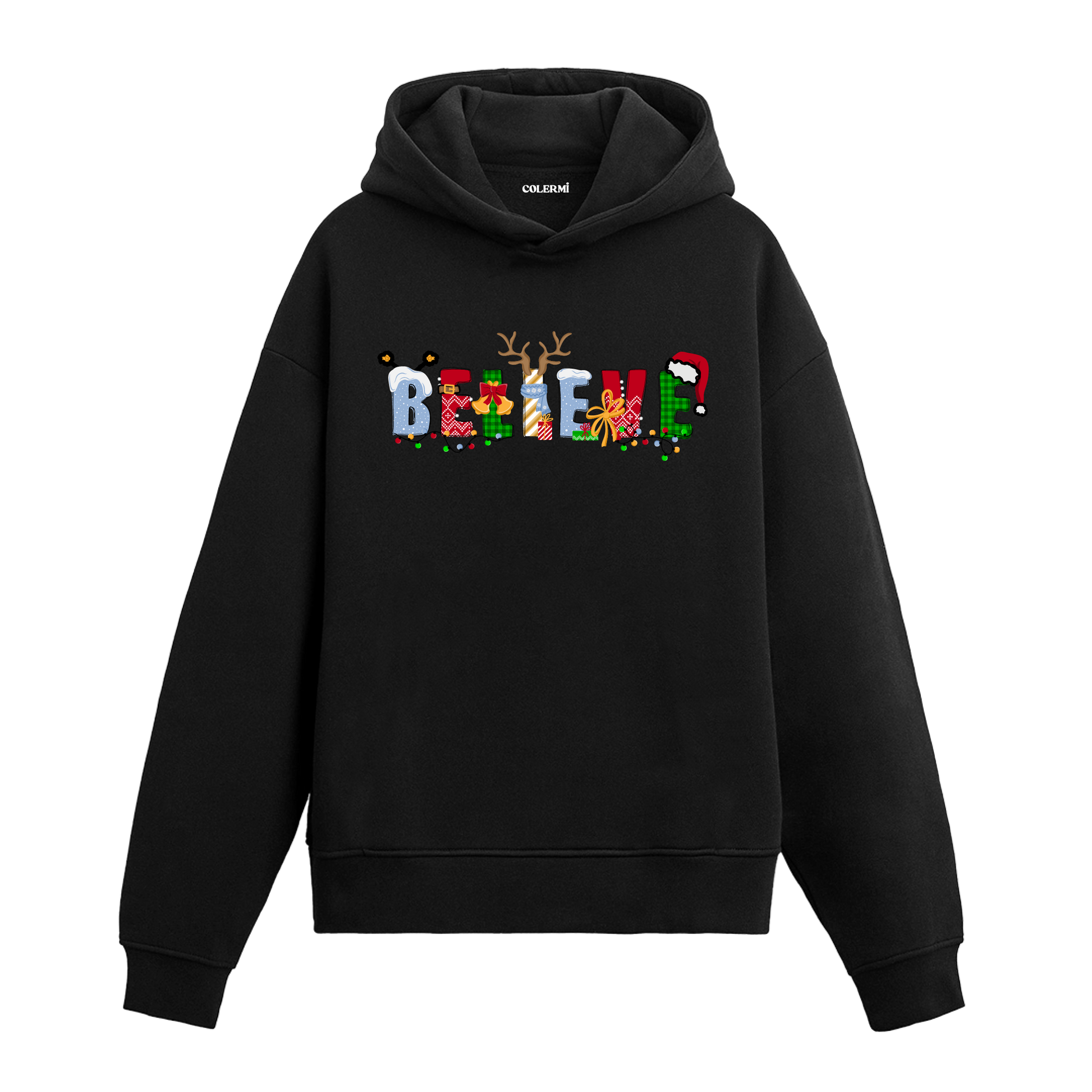 Siyah hoodie, Noel şapkalı ve geyik boynuzlu BELIEVE yazılı baskı, pamuklu unisex hoodie
