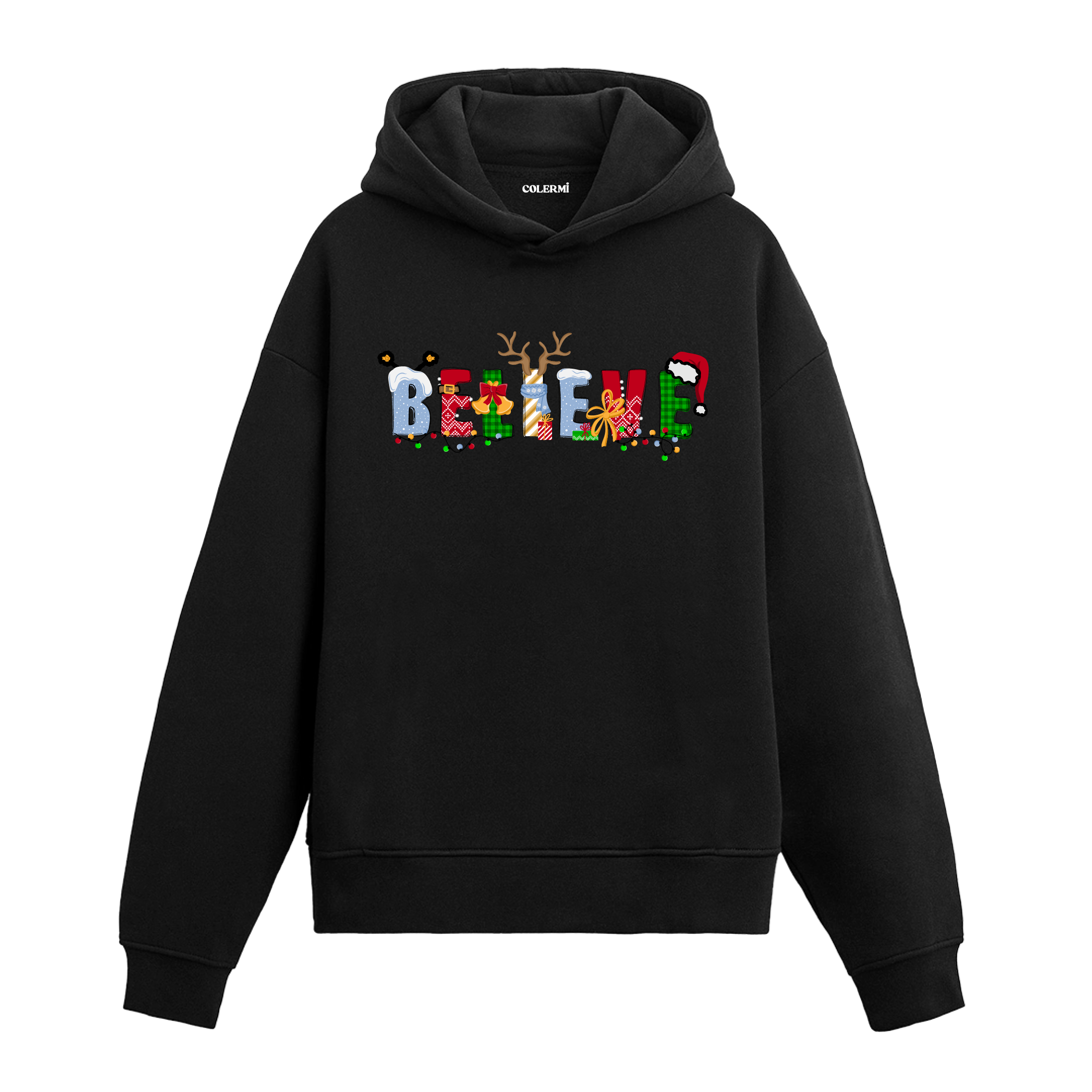 Siyah hoodie, Noel şapkalı ve geyik boynuzlu BELIEVE yazılı baskı, pamuklu unisex hoodie
