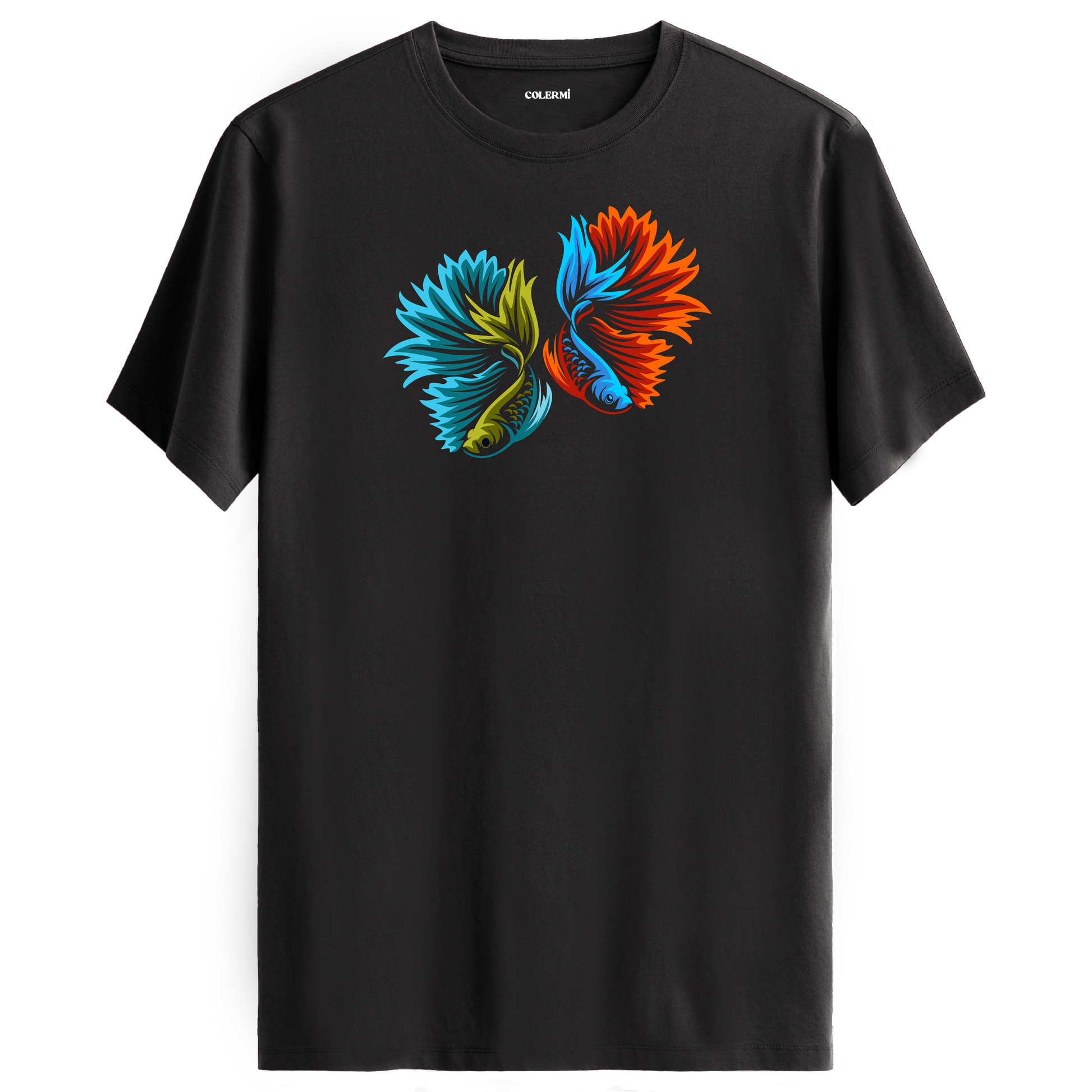 Antrasit tişört üzerinde renkli betta balığı tasarımı