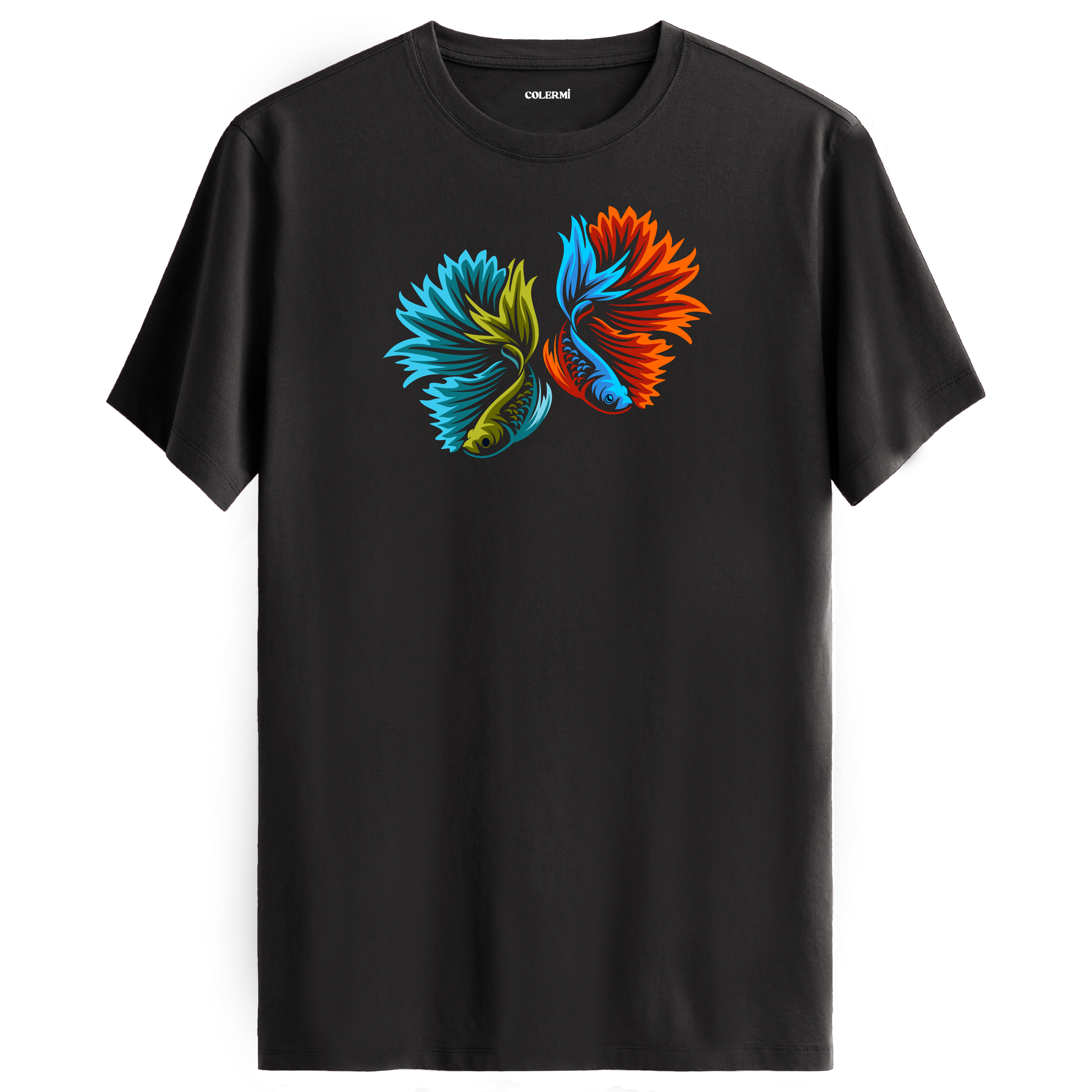 Antrasit tişört üzerinde renkli betta balığı tasarımı