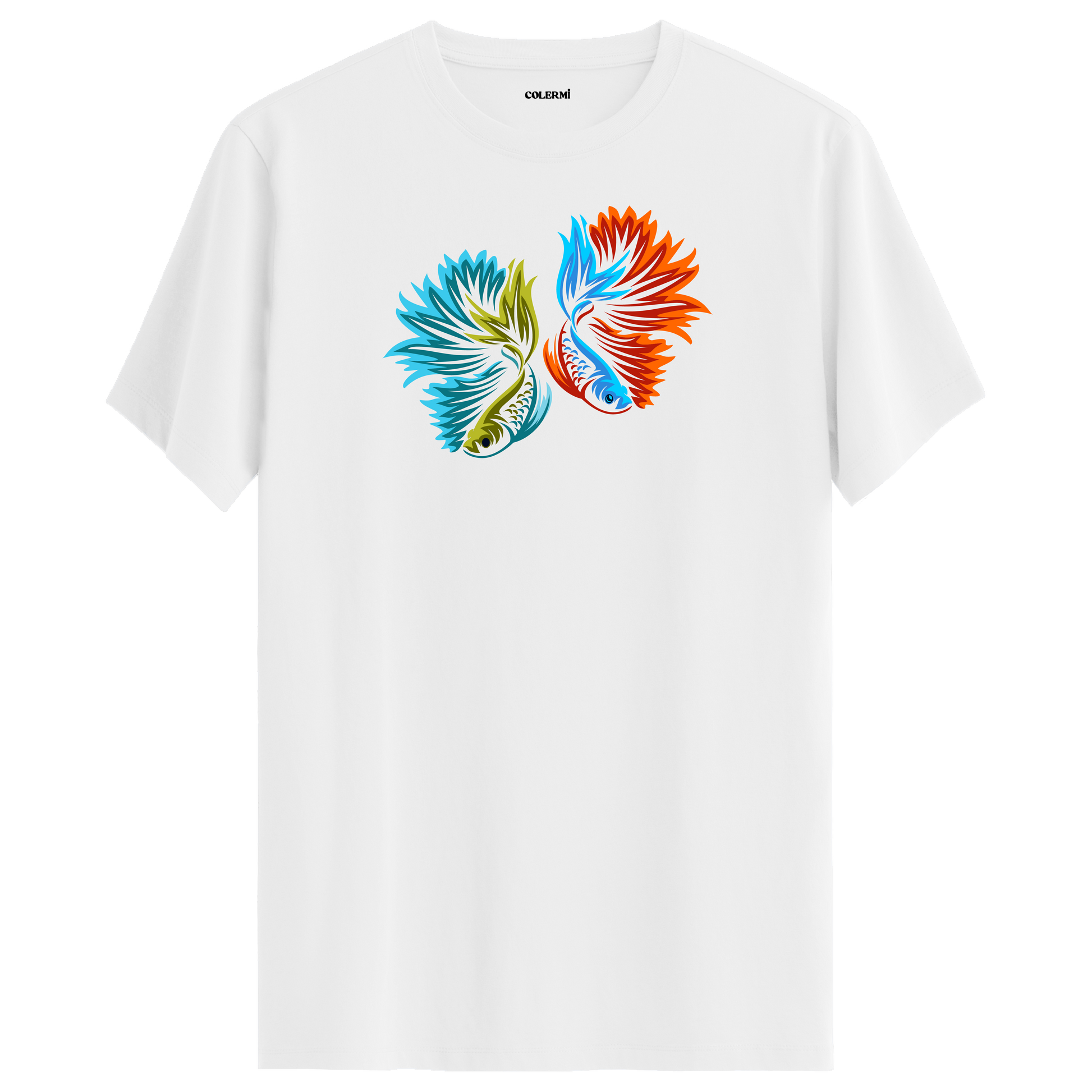 Beyaz tişört üzerinde renkli betta balığı tasarımı