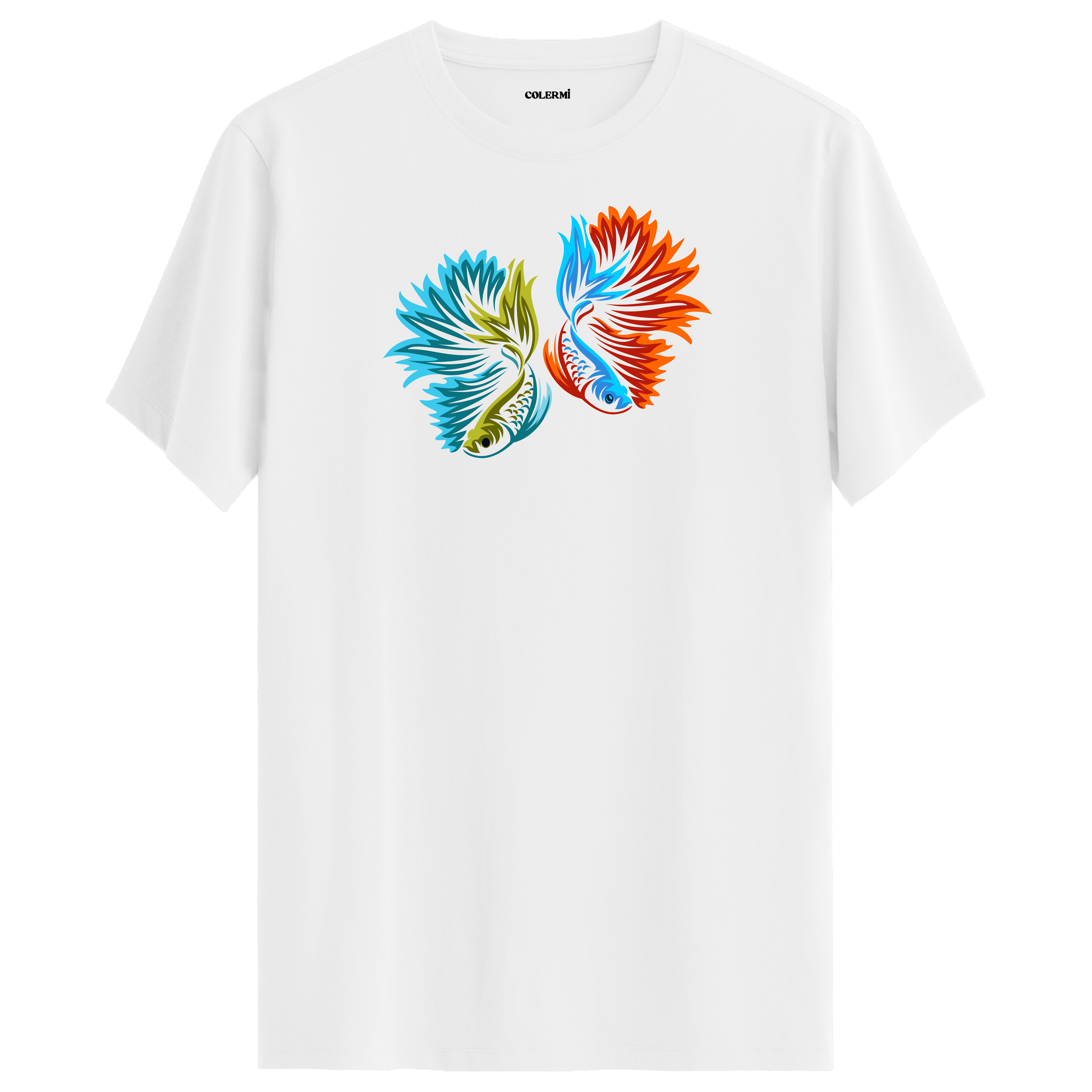 Beyaz tişört üzerinde renkli betta balığı tasarımı