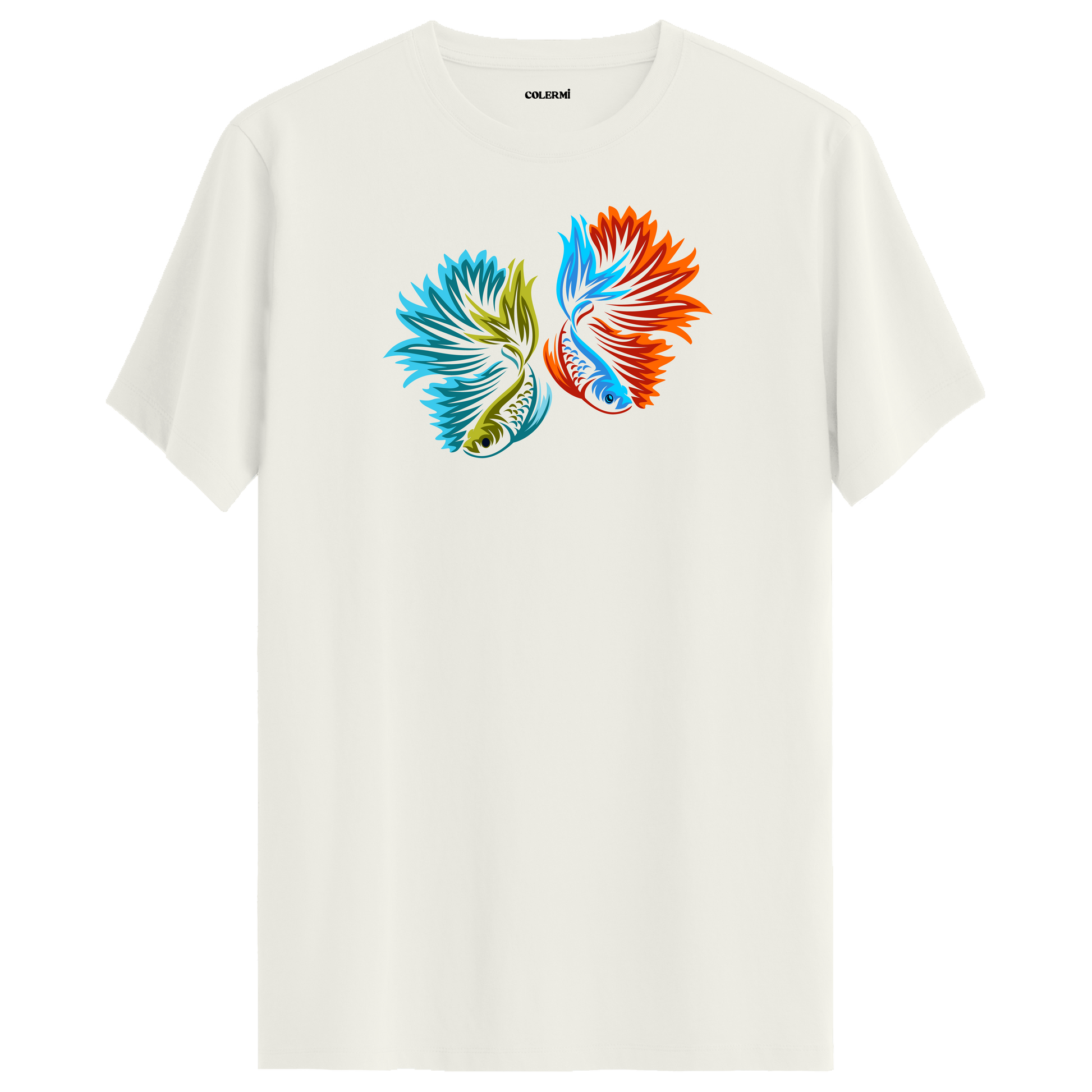 Ekru tişört üzerinde renkli betta balığı tasarımı