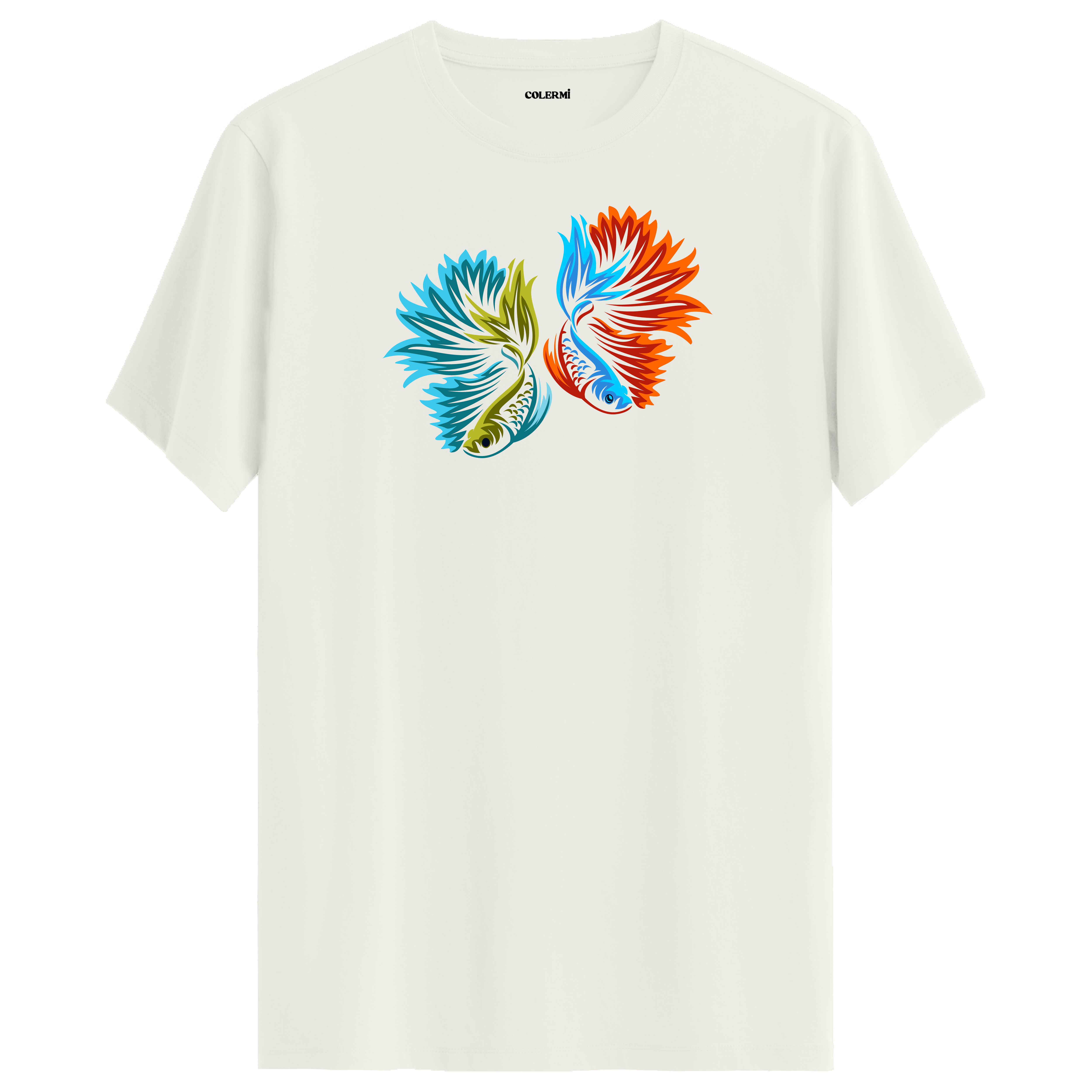 Ekru tişört üzerinde renkli betta balığı tasarımı