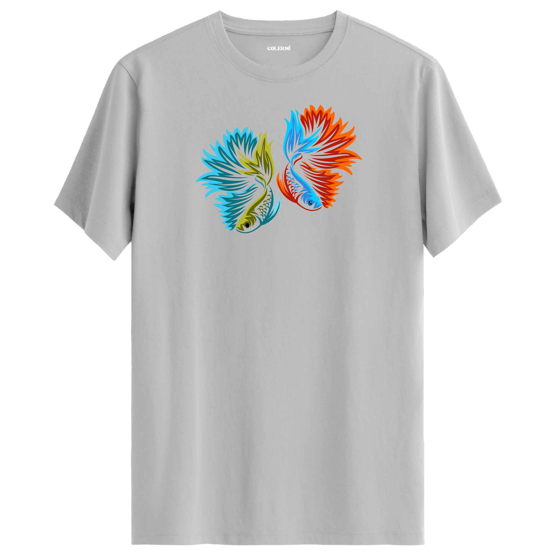 Gri tişört üzerinde renkli betta balığı tasarımı