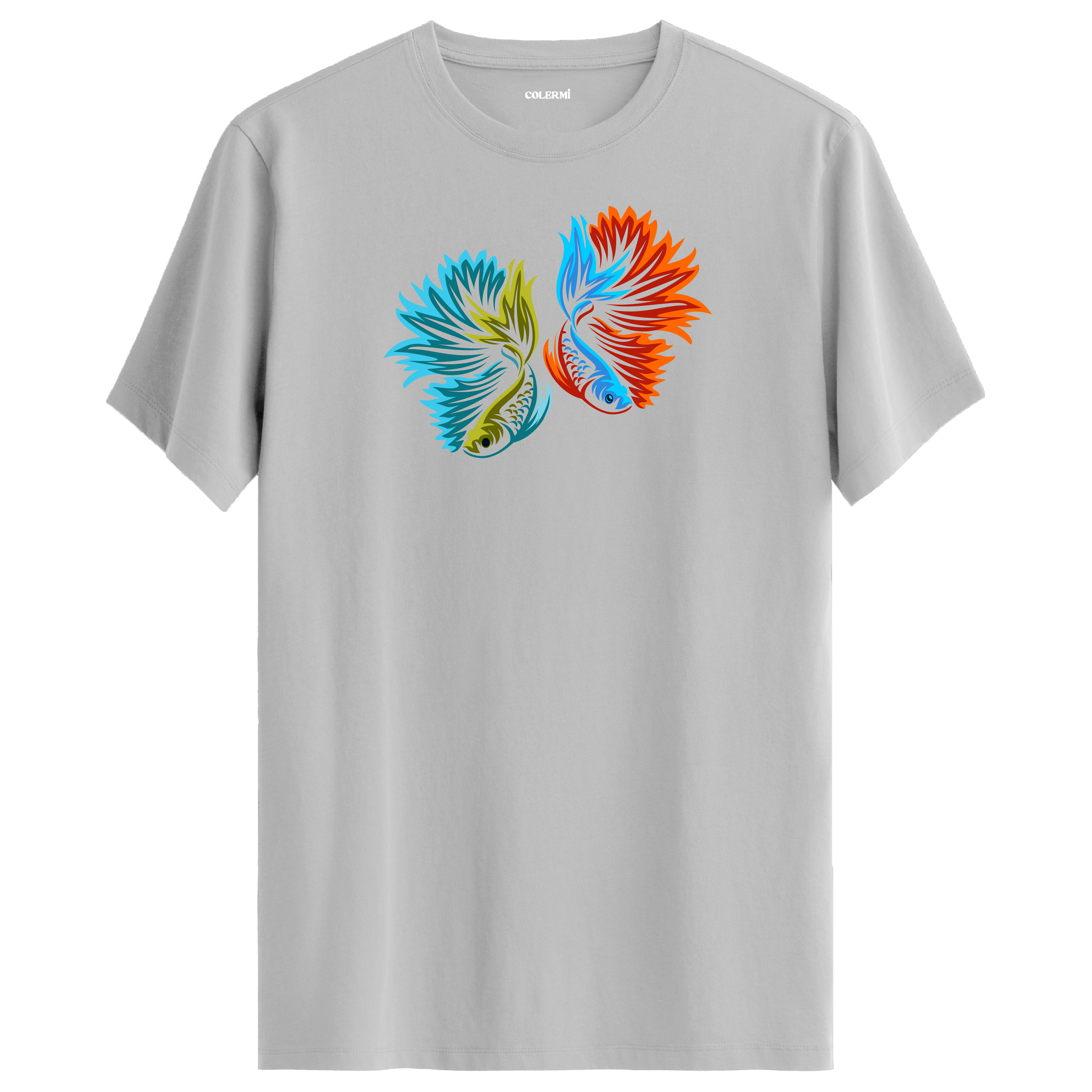 Gri tişört üzerinde renkli betta balığı tasarımı