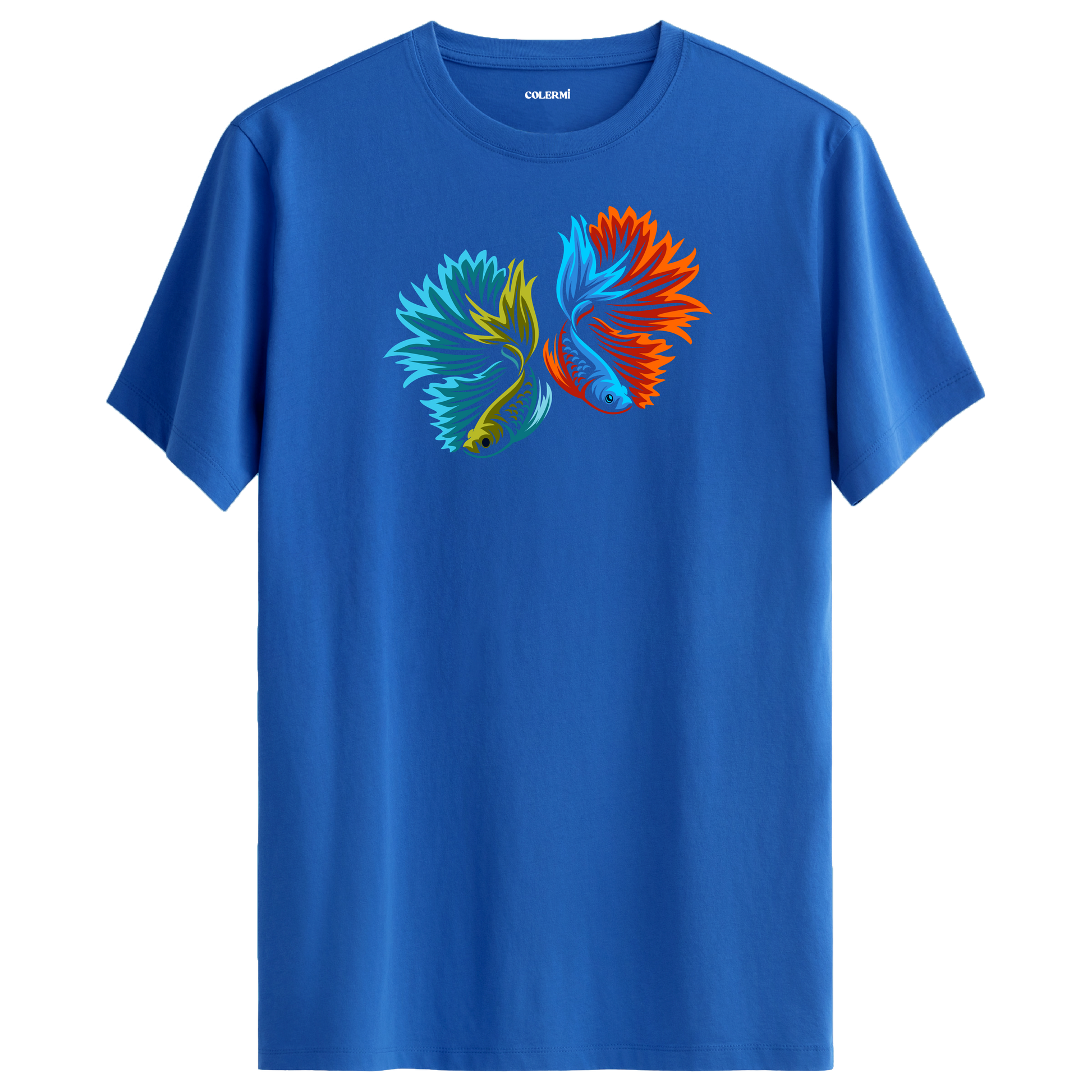 Mavi tişört üzerinde renkli betta balığı tasarımı