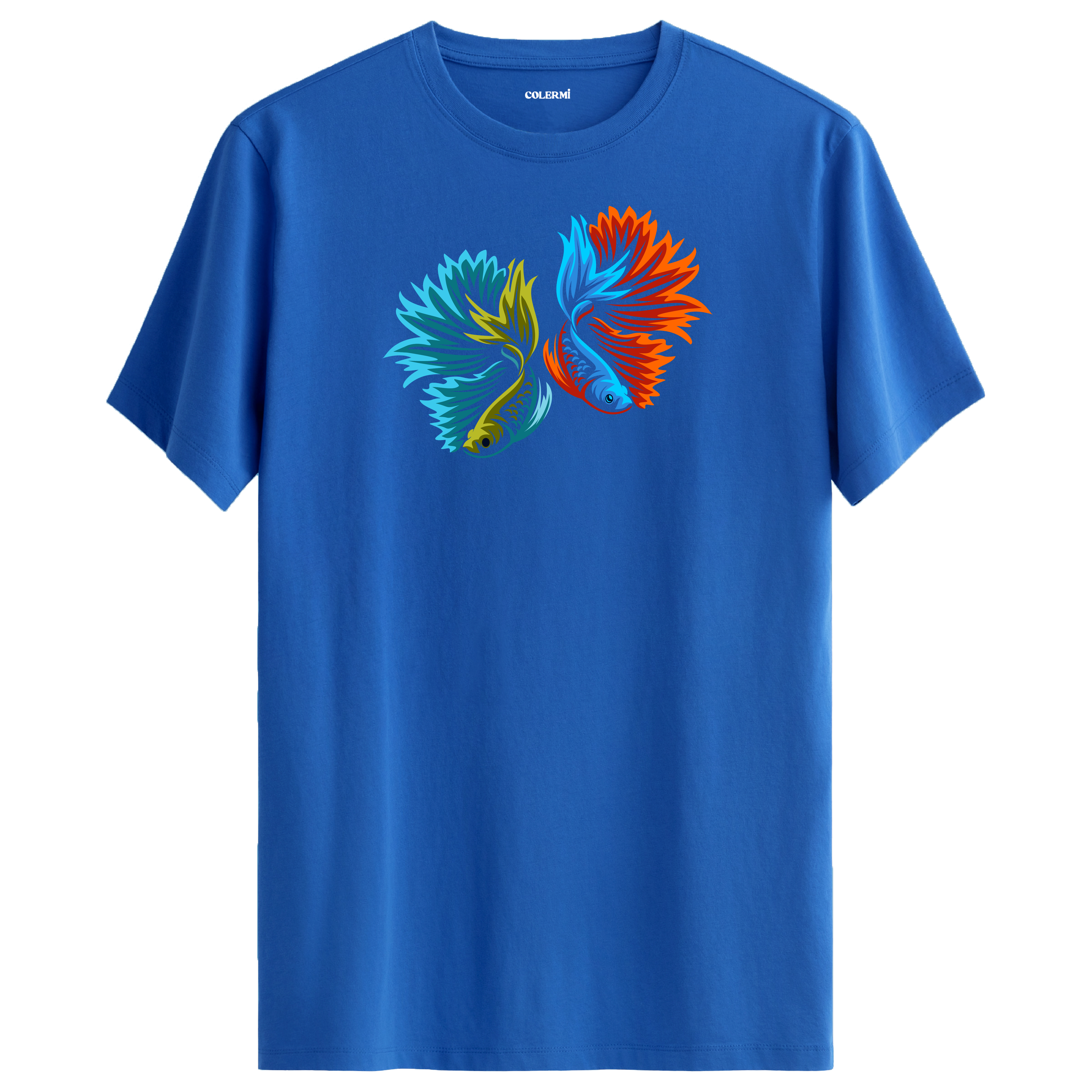 Mavi tişört üzerinde renkli betta balığı tasarımı