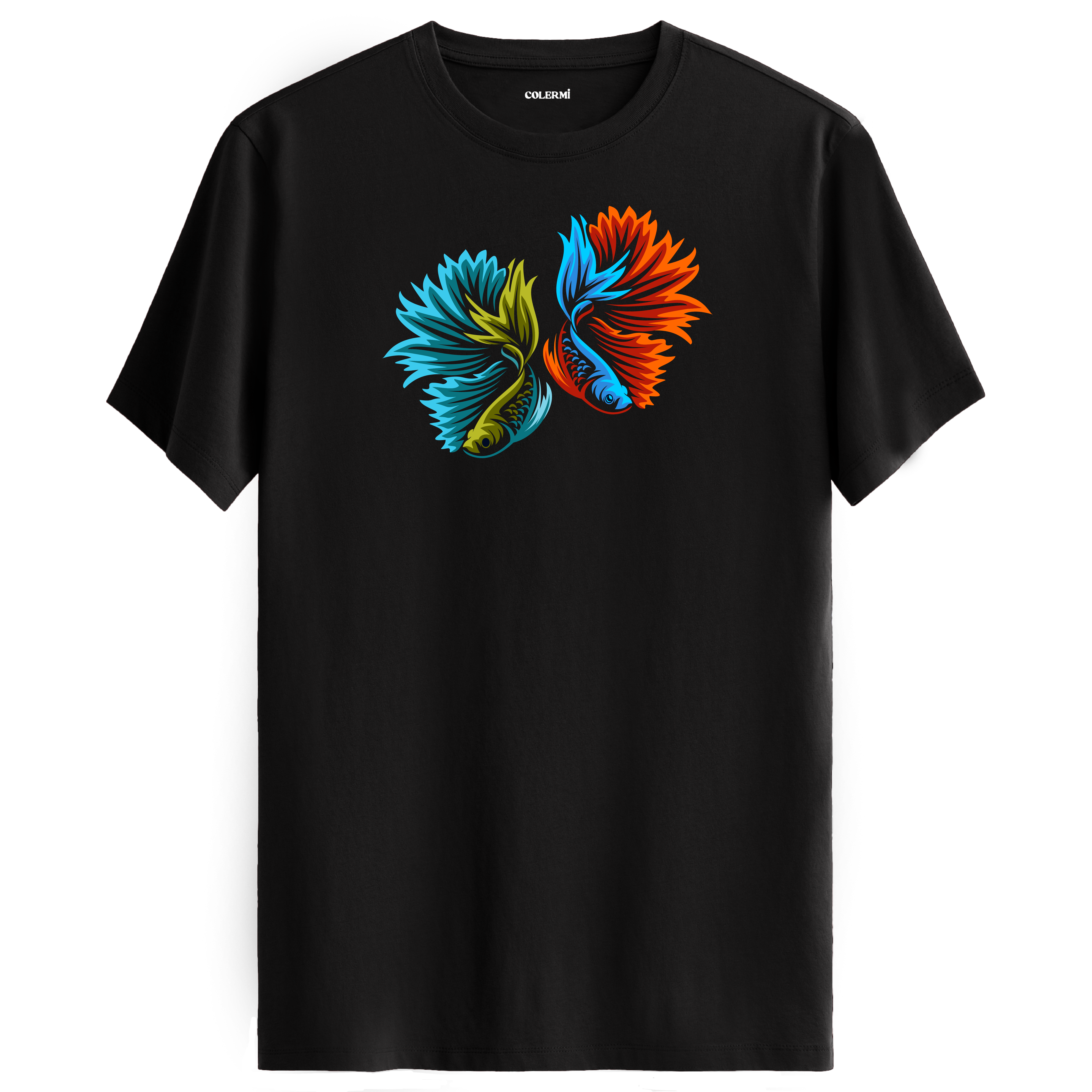 Siyah tişört üzerinde renkli betta balığı tasarımı