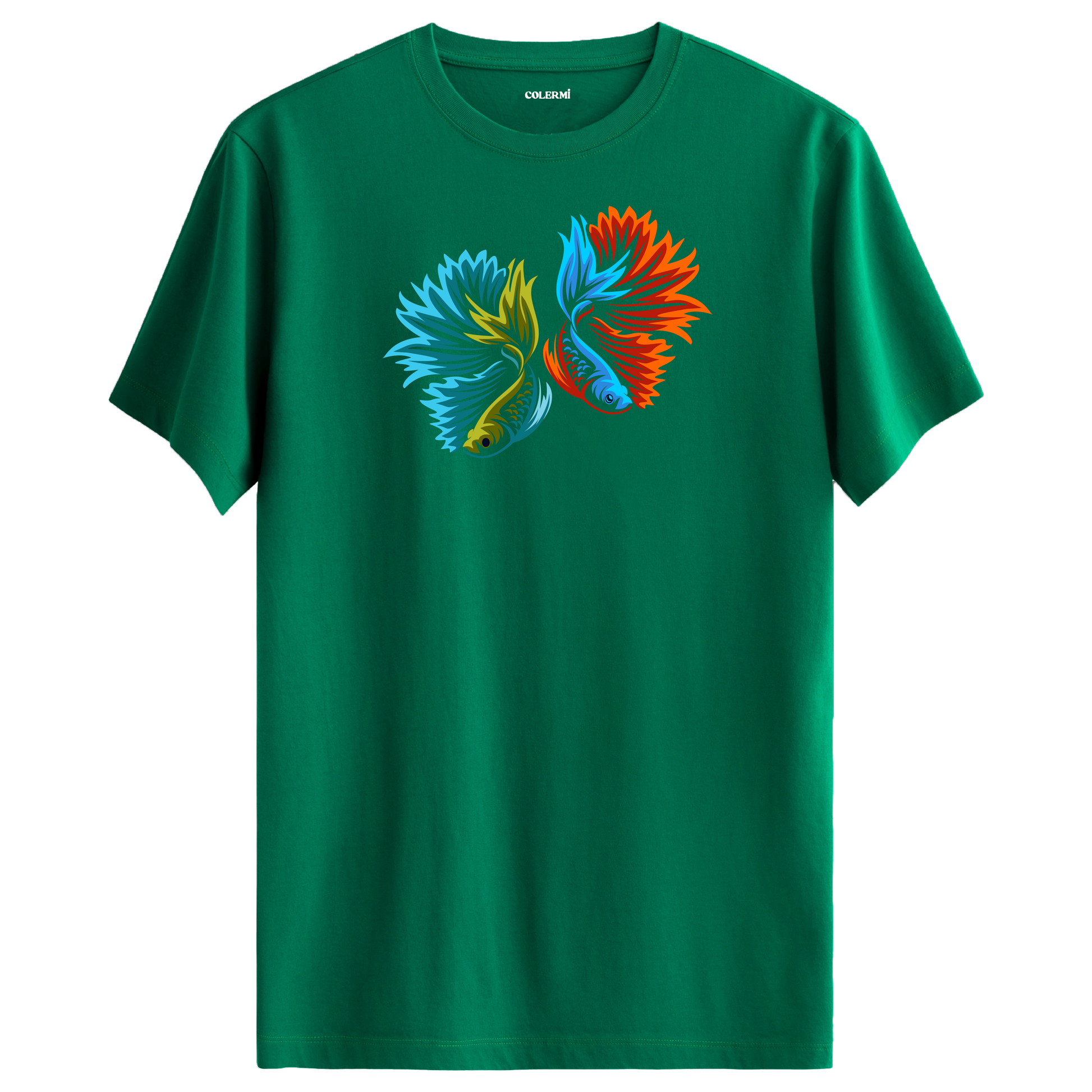 Yeşil tişört üzerinde renkli betta balığı tasarımı