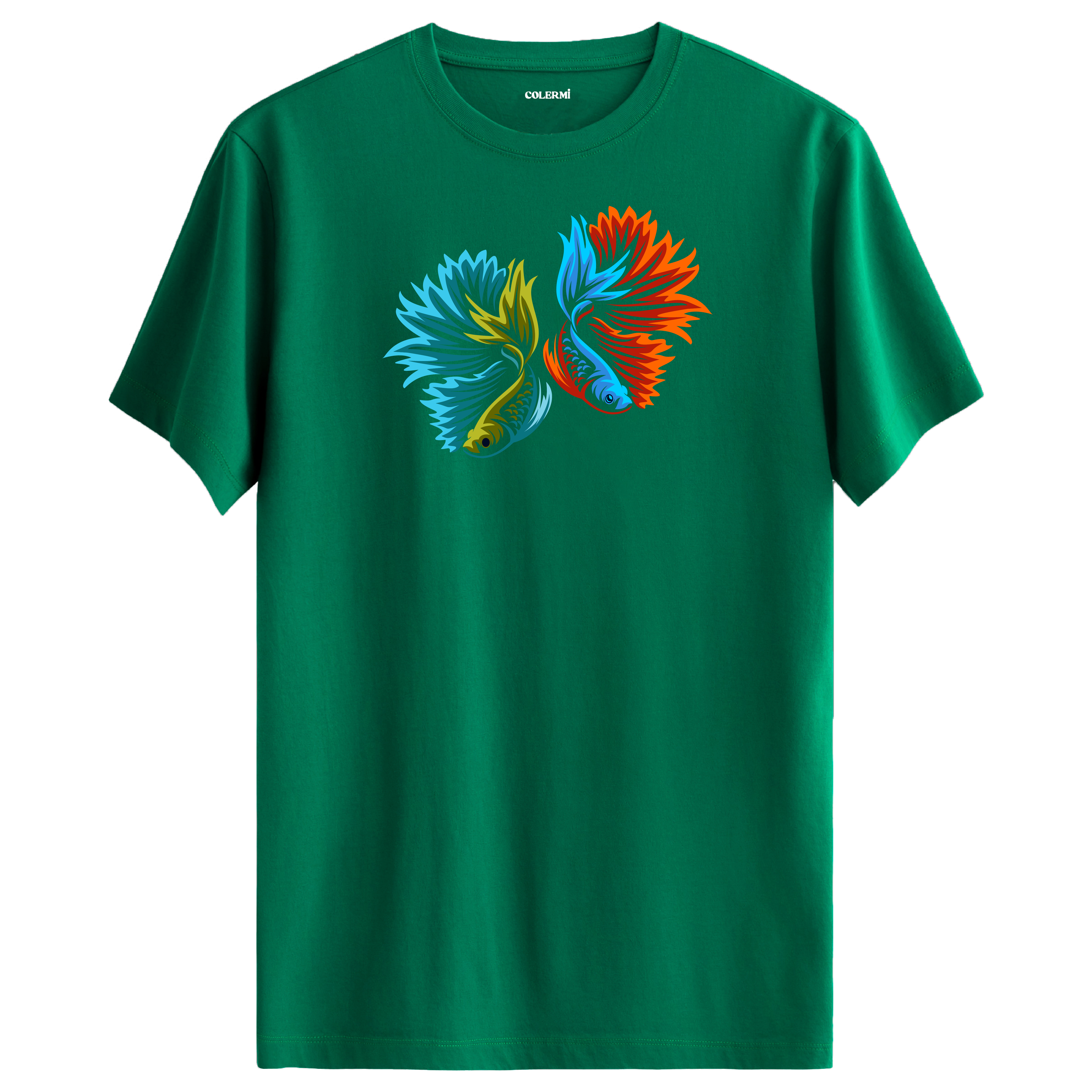 Yeşil tişört üzerinde renkli betta balığı tasarımı