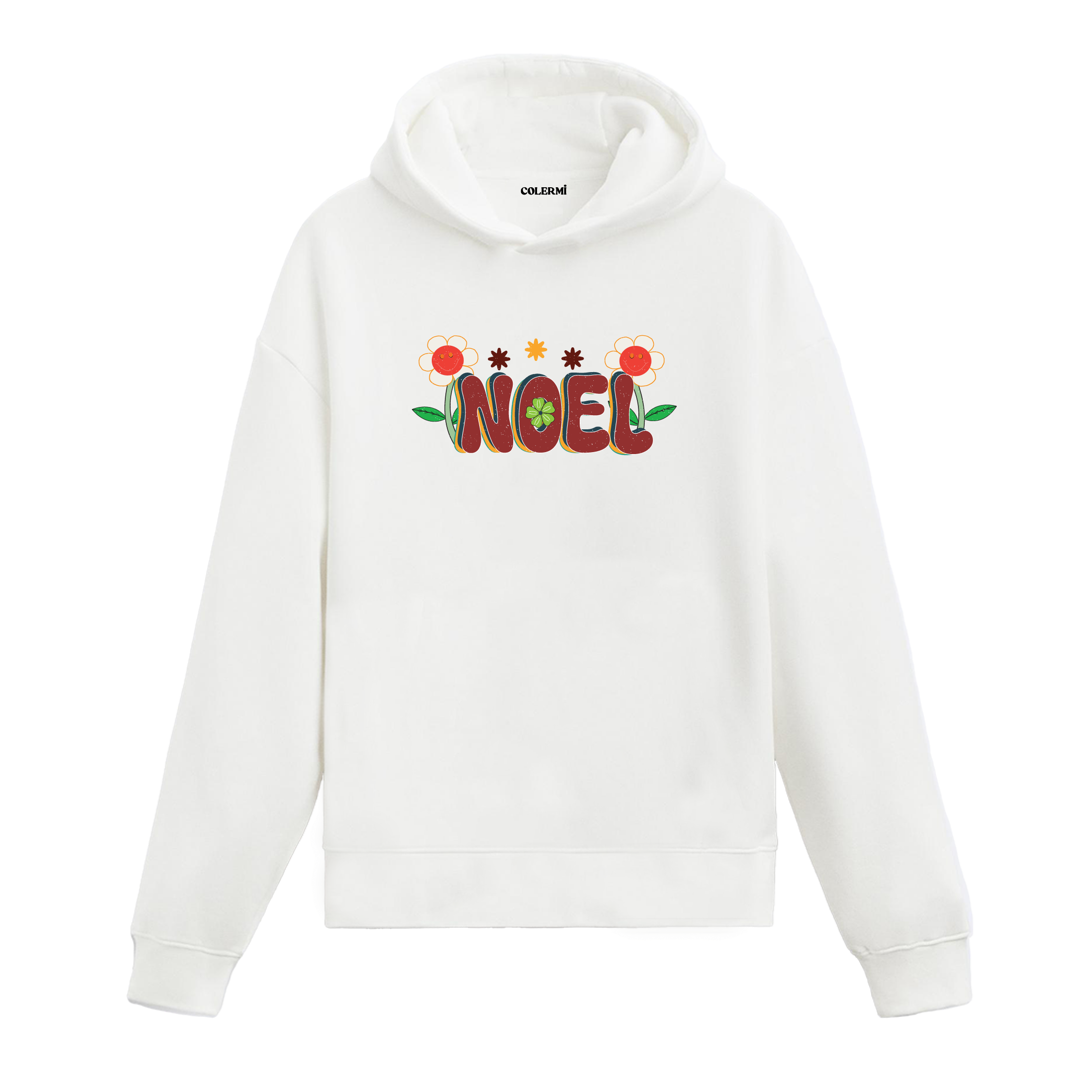 Beyaz çiçekli Noel baskılı hoodie, pamuk kumaş, yılbaşı baskılı unisex hoodie