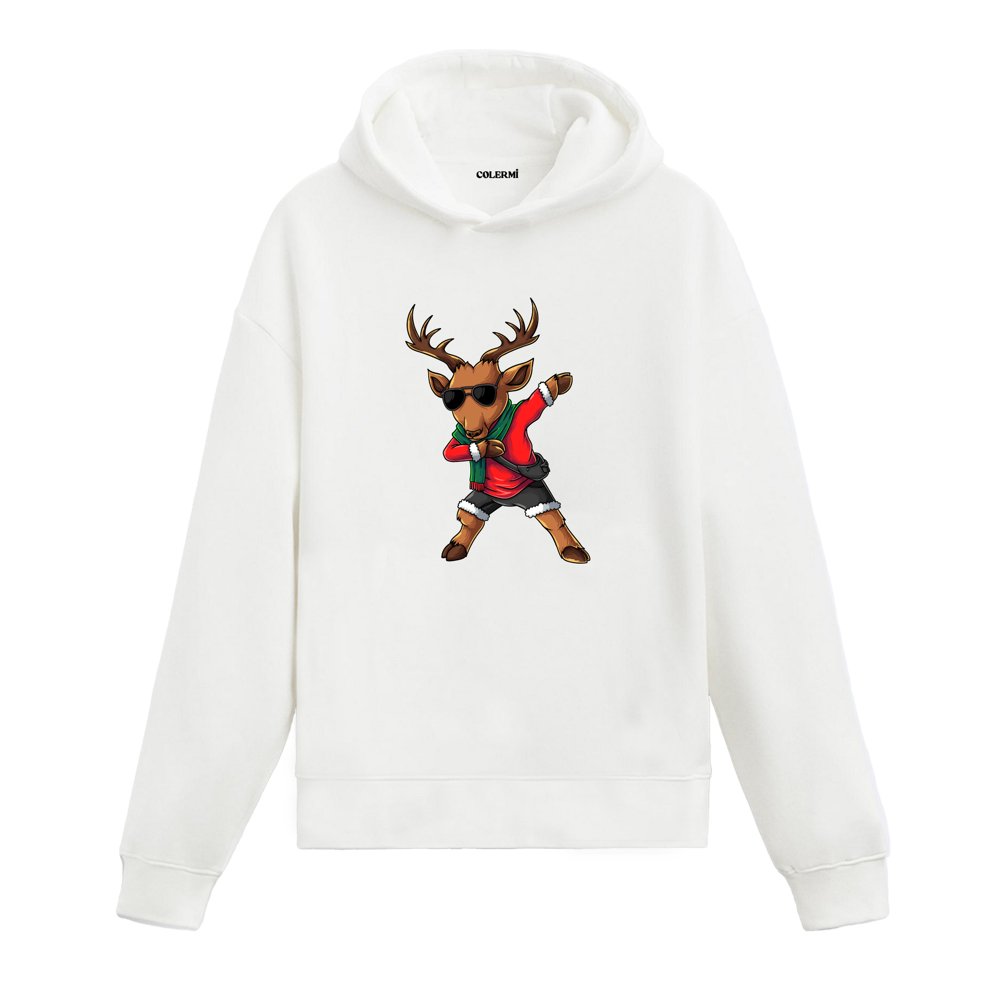 Beyaz dans eden geyik baskılı hoodie, Noel kostümlü geyik, %100 pamuk, unisex hoodie