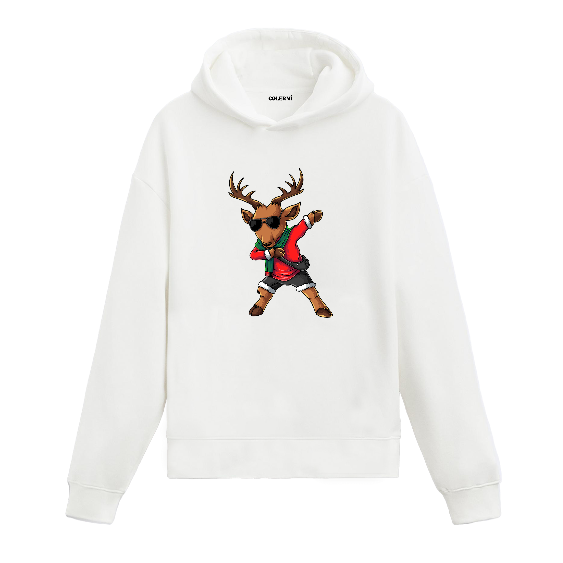 Beyaz dans eden geyik baskılı hoodie, Noel kostümlü geyik, %100 pamuk, unisex hoodie