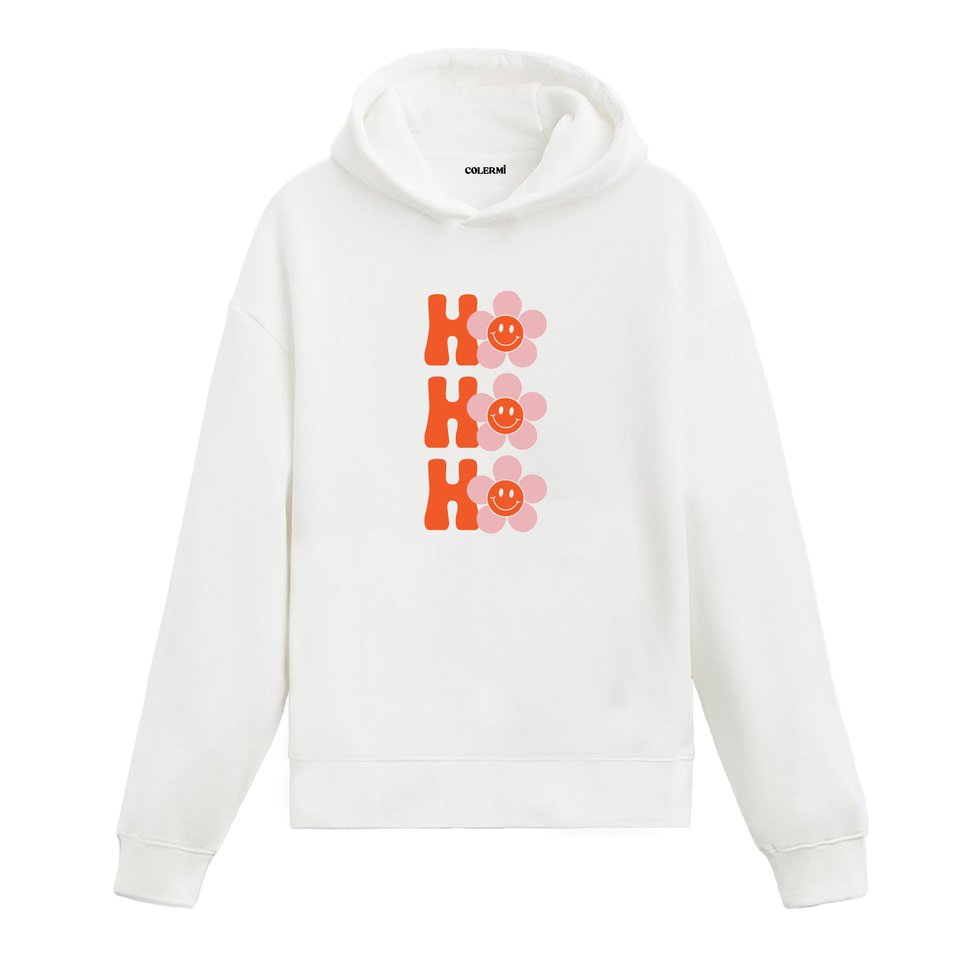 Beyaz Ho Ho Ho yazılı çiçek baskılı hoodie, yılbaşı ruhu, %100 pamuk, unisex hoodie