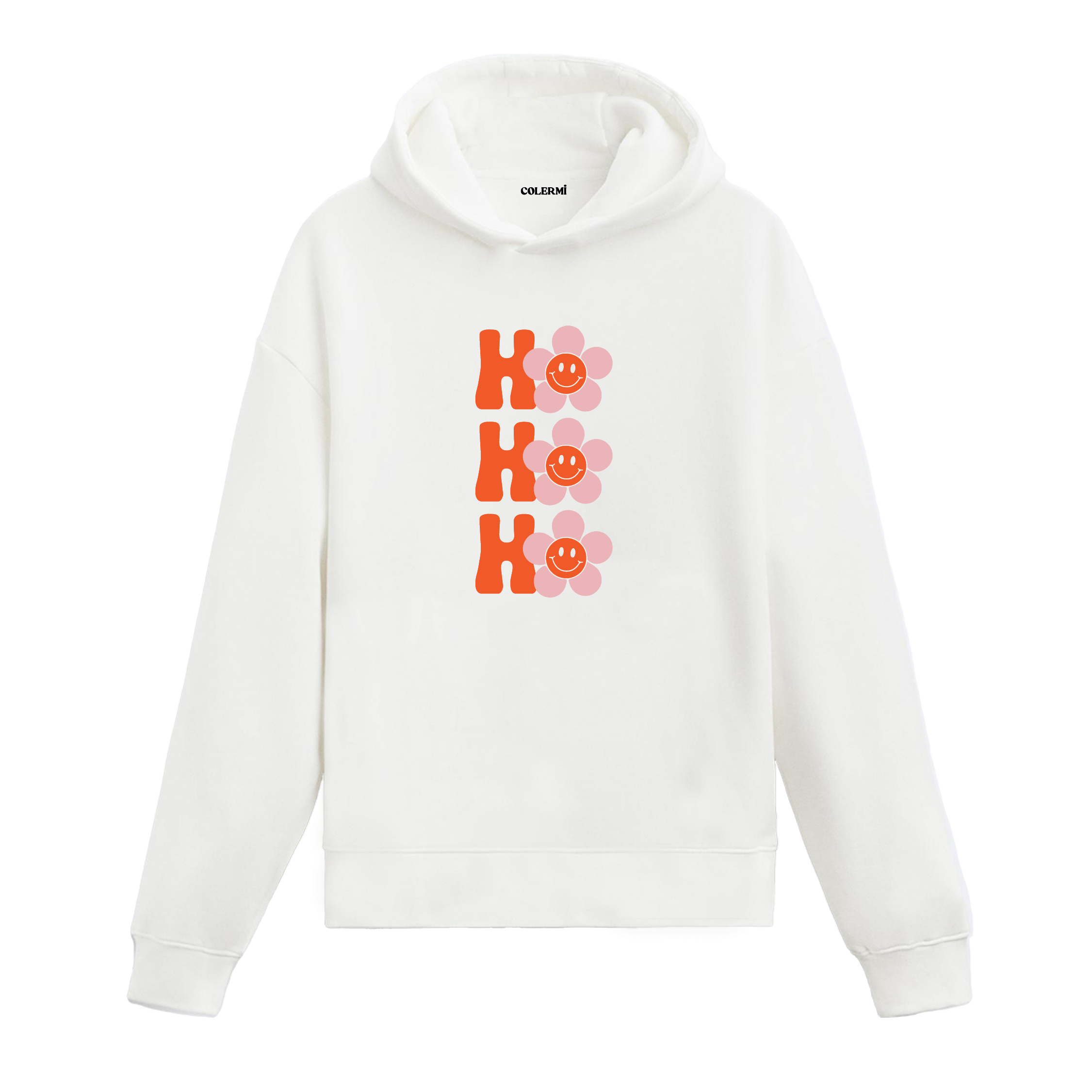 Beyaz Ho Ho Ho yazılı çiçek baskılı hoodie, yılbaşı ruhu, %100 pamuk, unisex hoodie