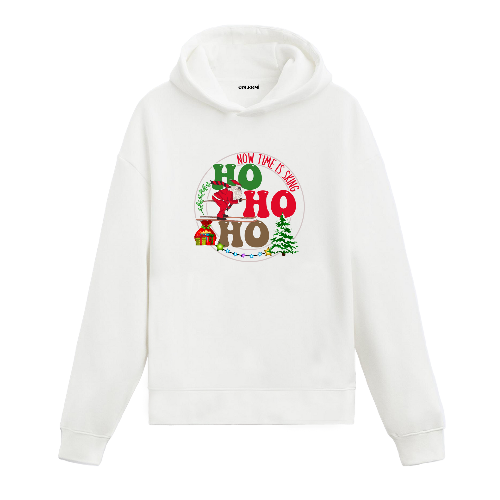 Beyaz hoodie üzerinde Noel Baba ve yılbaşı baskısı