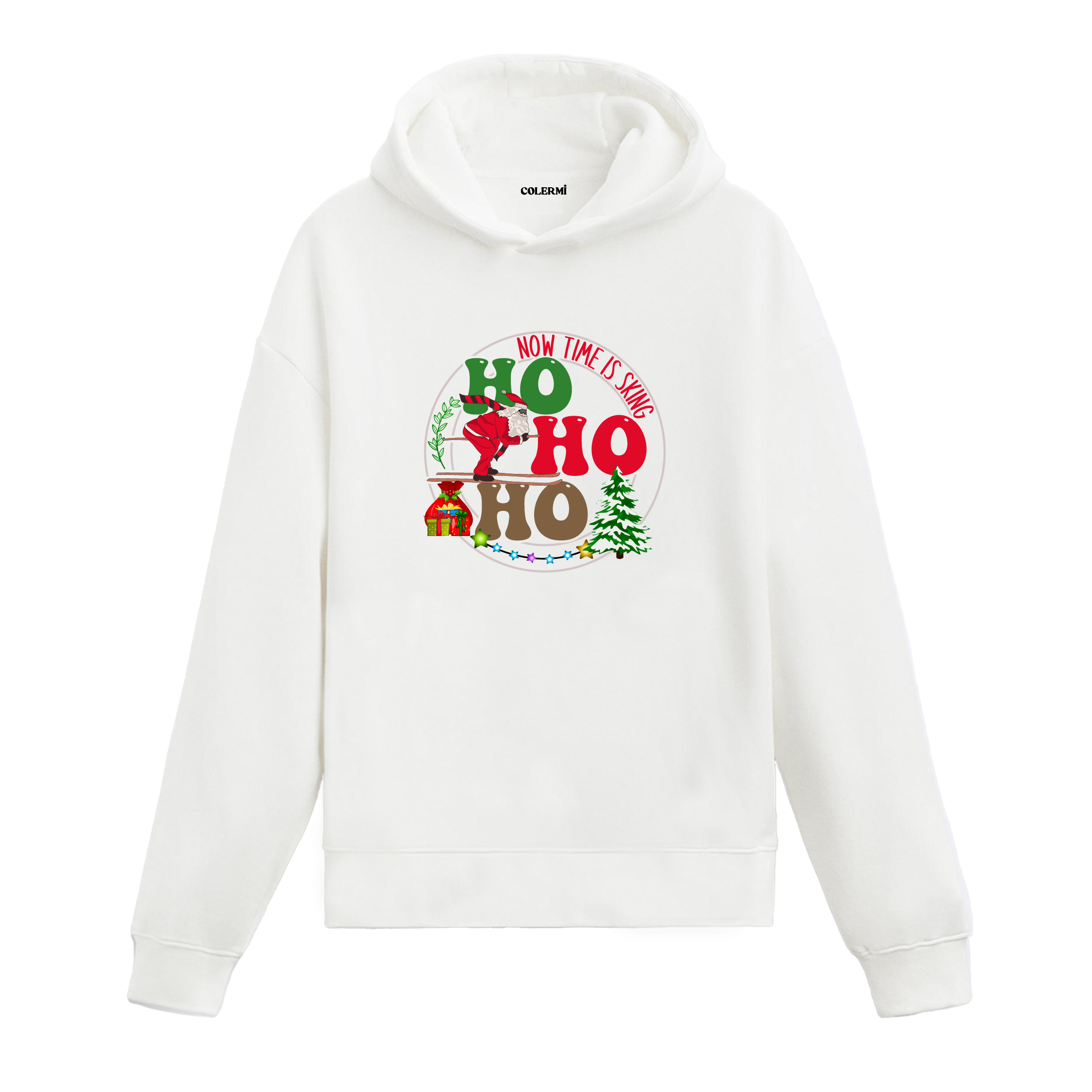 Beyaz hoodie üzerinde Noel Baba ve yılbaşı baskısı