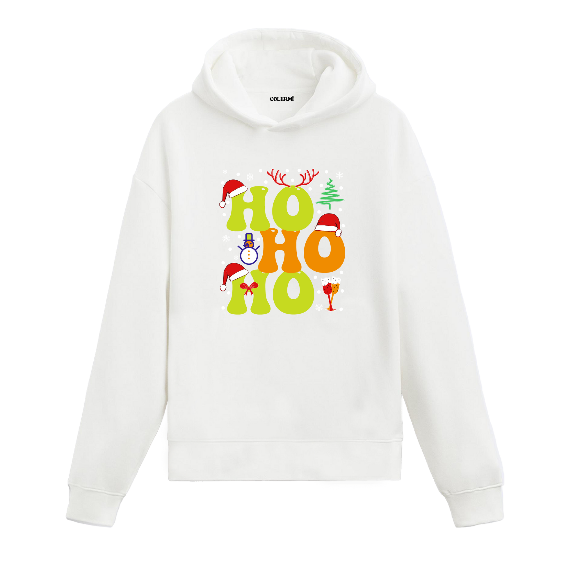 Beyaz Ho Ho Ho yazılı Noel baskılı hoodie, %100 premium pamuk, eğlenceli yılbaşı baskısı