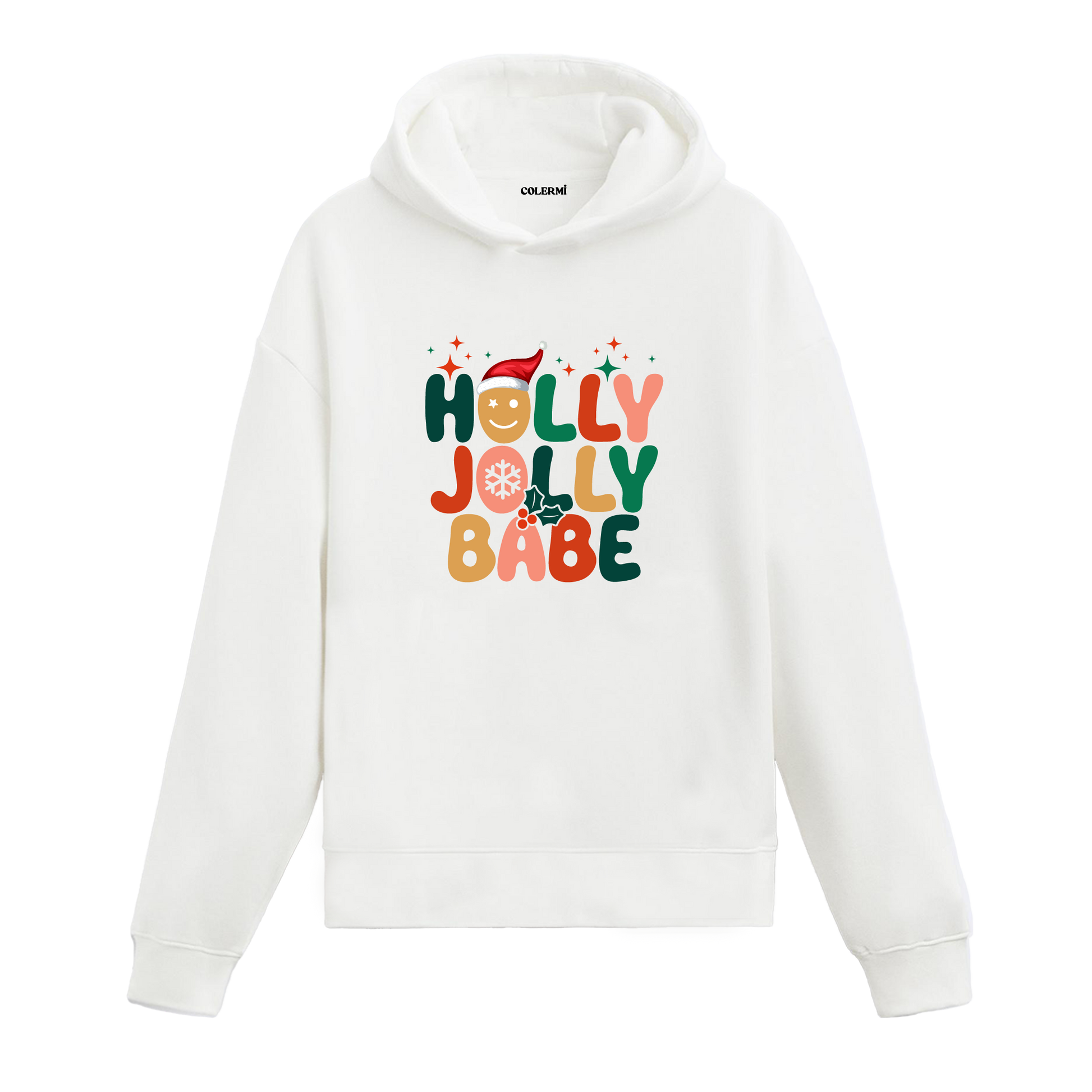 Beyaz Holly Jolly Babe baskılı hoodie, %100 pamuk, unisex, yılbaşı hoodie modeli