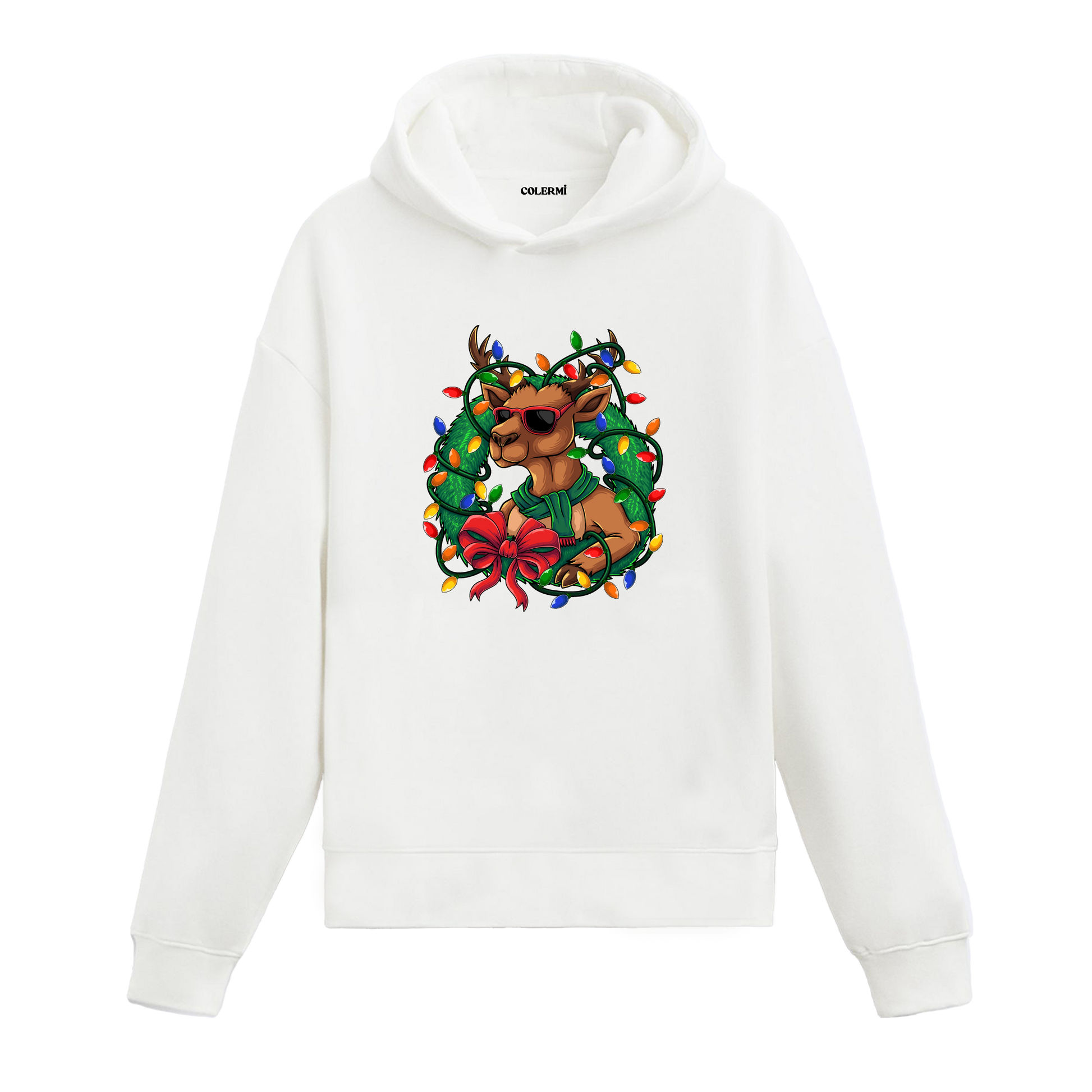 Beyaz ışıklı geyik baskılı hoodie, renkli ışık detaylı, %100 pamuk, unisex yılbaşı hoodie