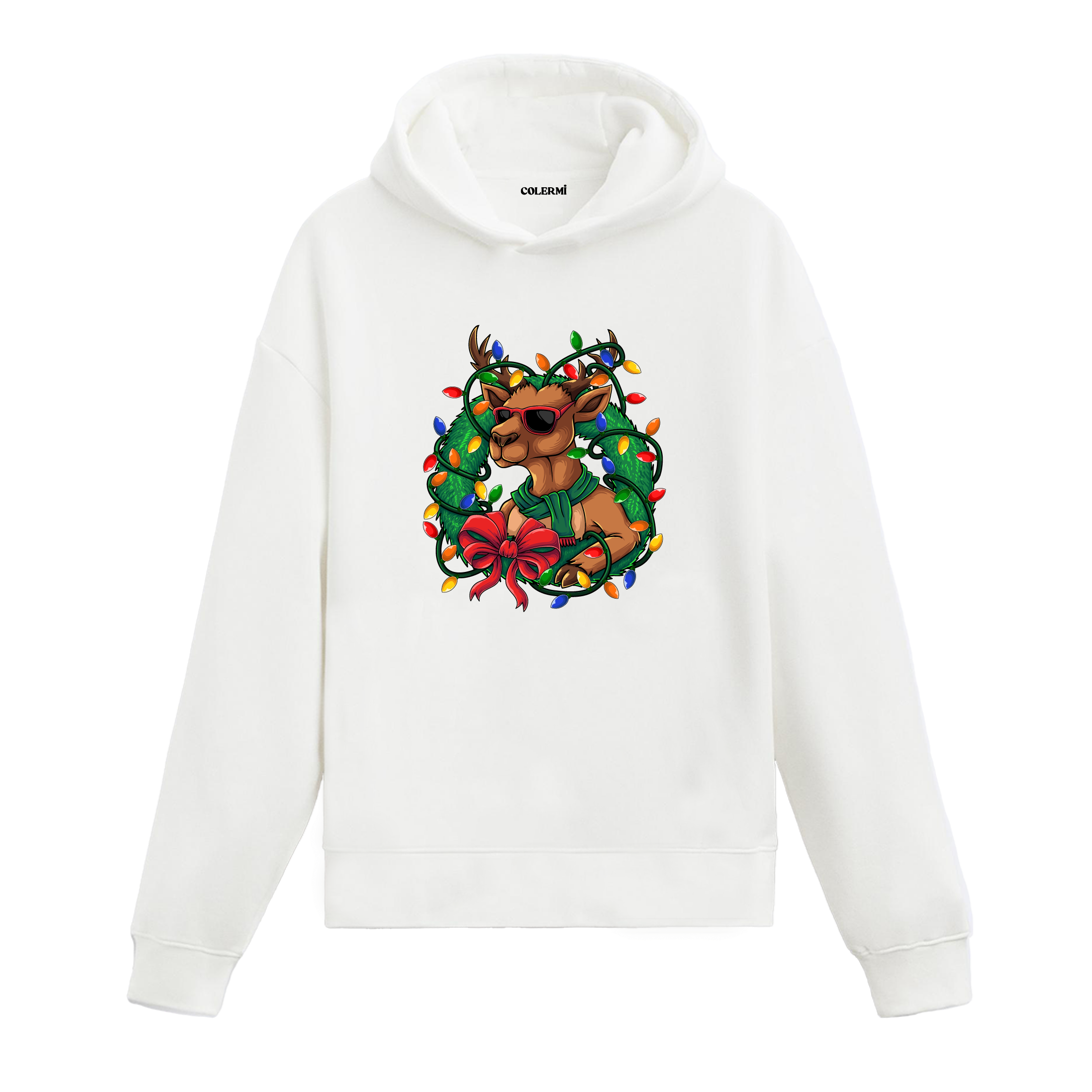 Beyaz ışıklı geyik baskılı hoodie, renkli ışık detaylı, %100 pamuk, unisex yılbaşı hoodie