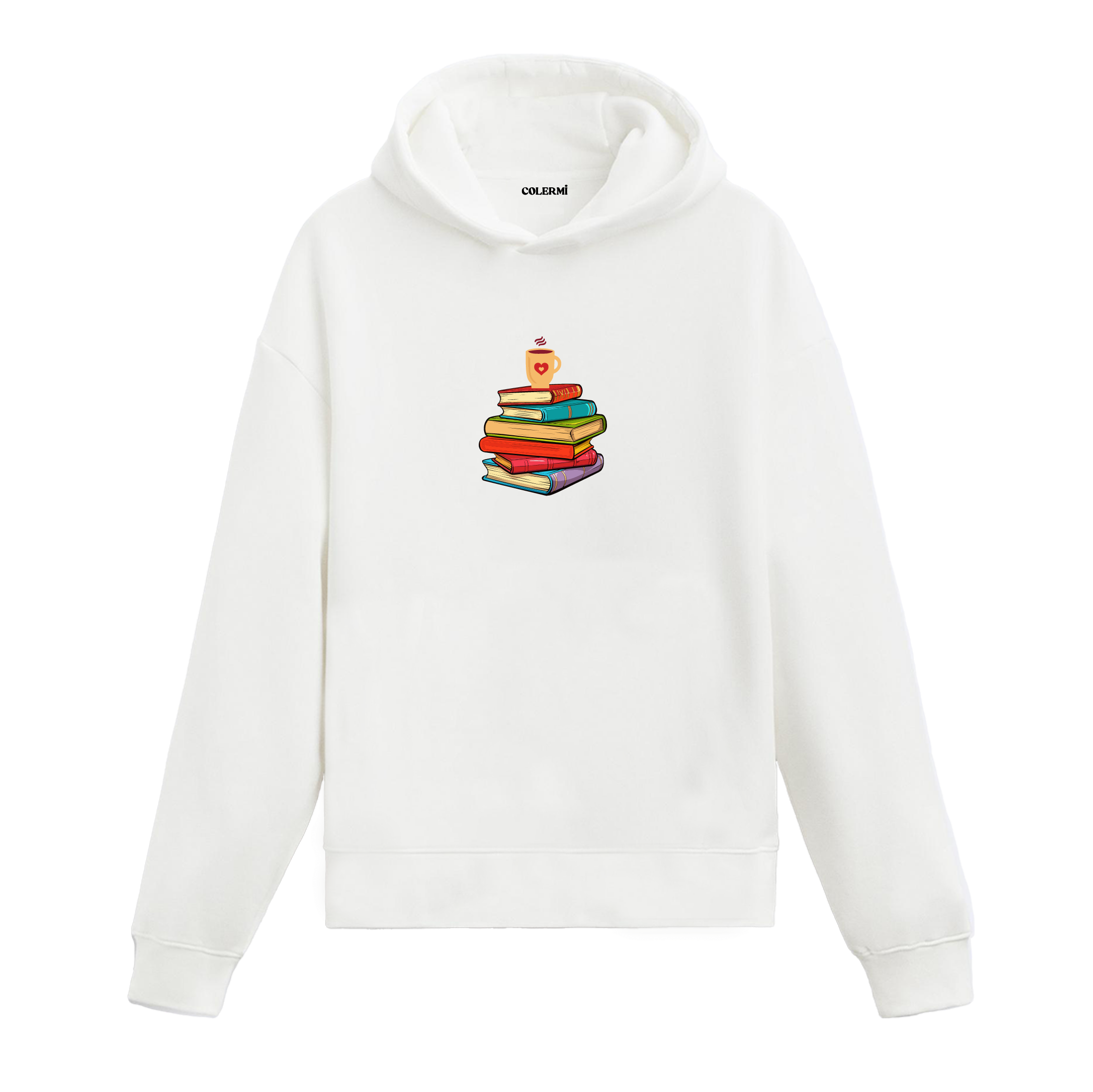 Beyaz kitap ve kahve baskılı hoodie, kitap sever hoodie, %100 pamuk, unisex hoodie