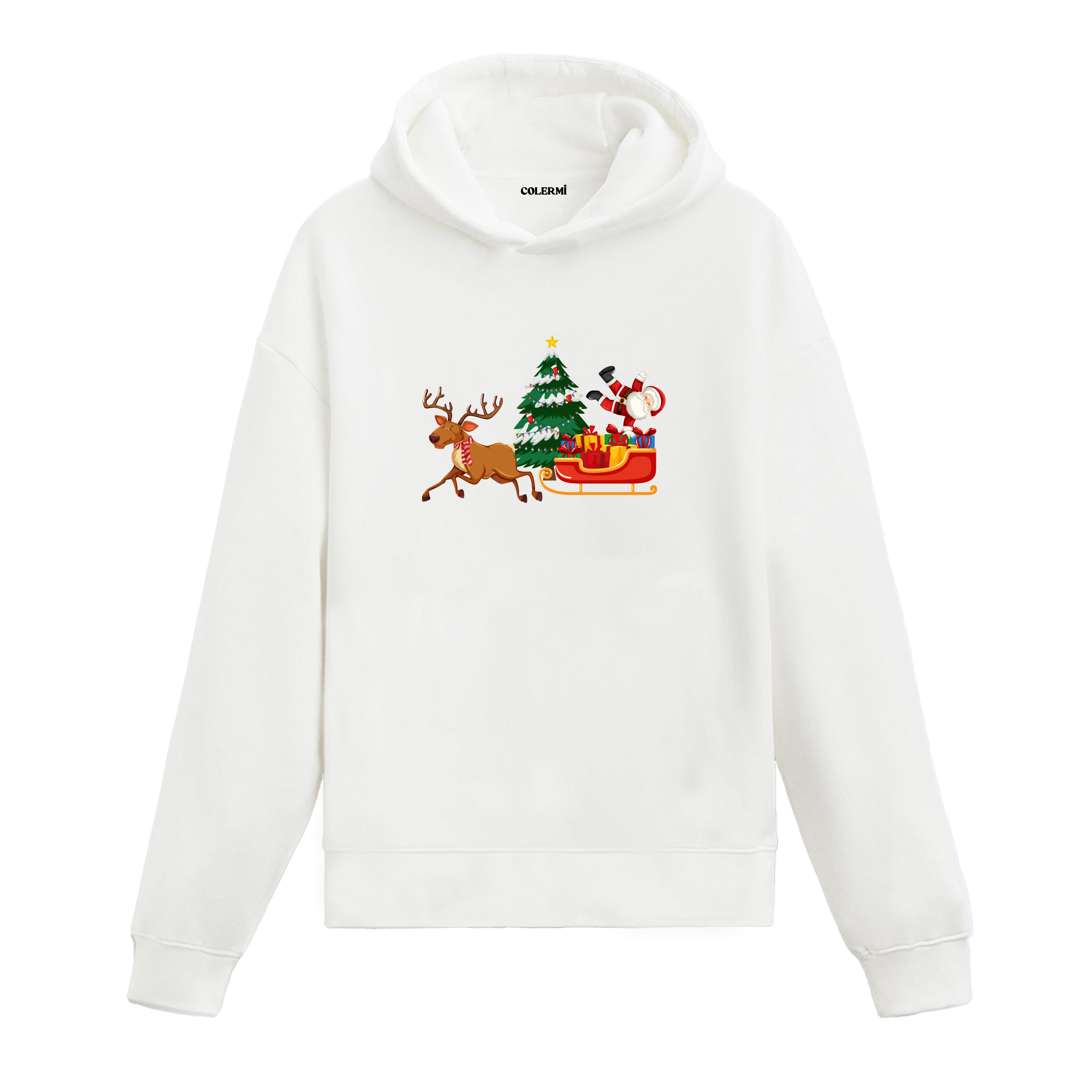 Beyaz kızaklı Noel Baba baskılı hoodie, yılbaşı ağacı baskılı, %100 premium pamuk, unisex hoodie