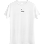 Zamansız bir tasarıma sahip dinozor çizimli beyaz Bisiklet Yaka T-Shirt.