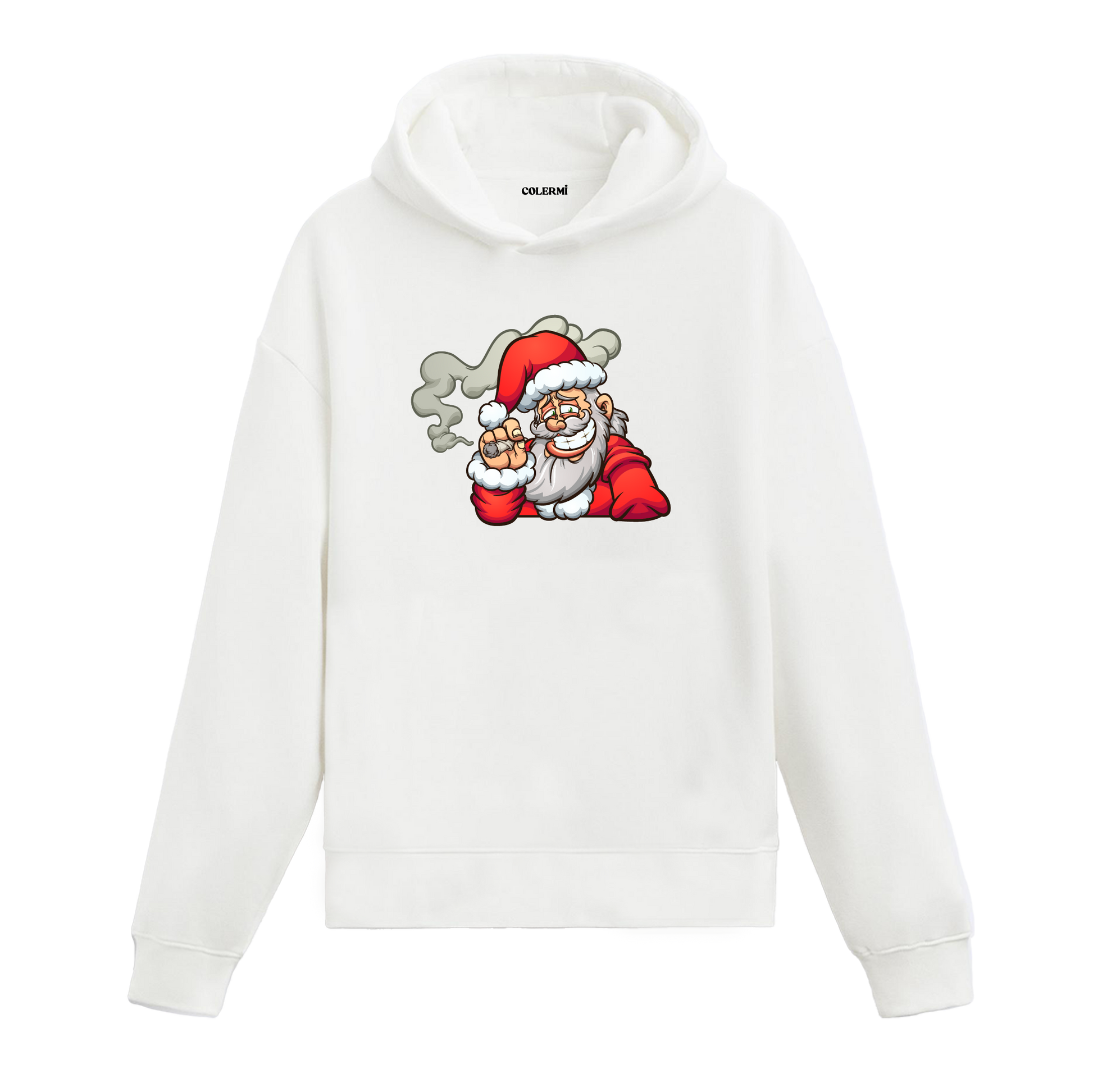Beyaz Noel Baba baskılı hoodie, %100 premium pamuk, modern yılbaşı baskısı